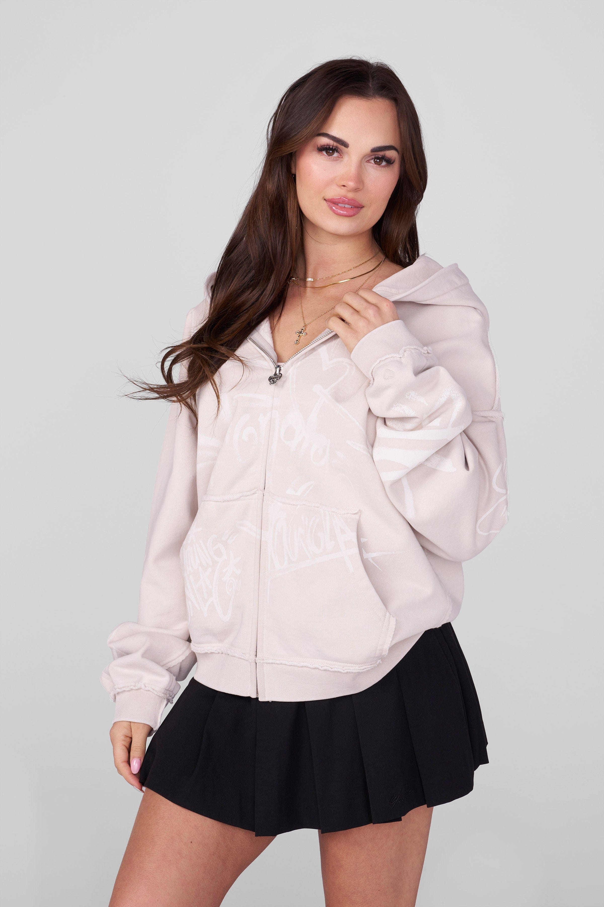 Close-up of hoodie sleeve detailing and soft fabric texture
