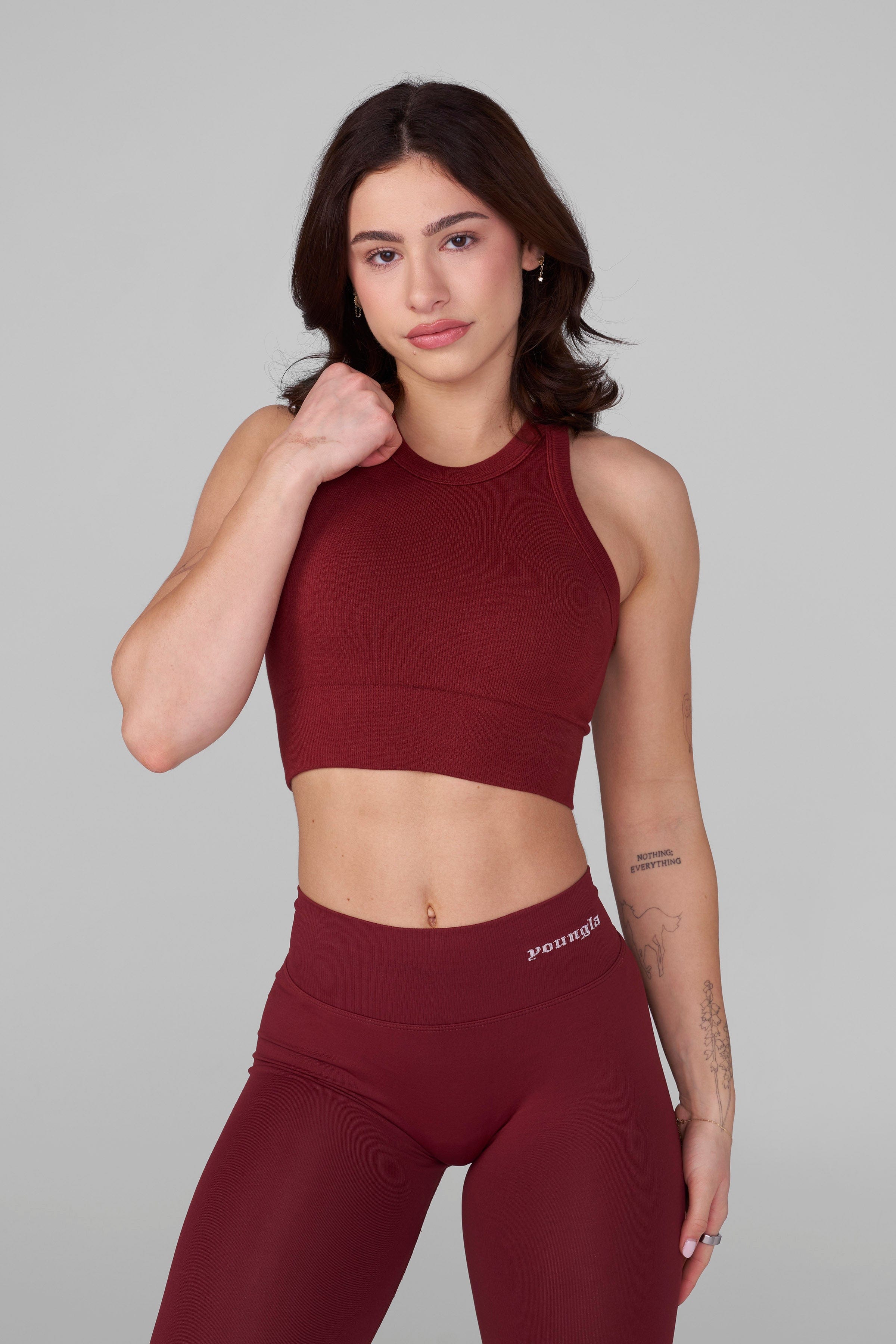 Side view of the seamless sports bra highlighting its ribbed texture and fit.