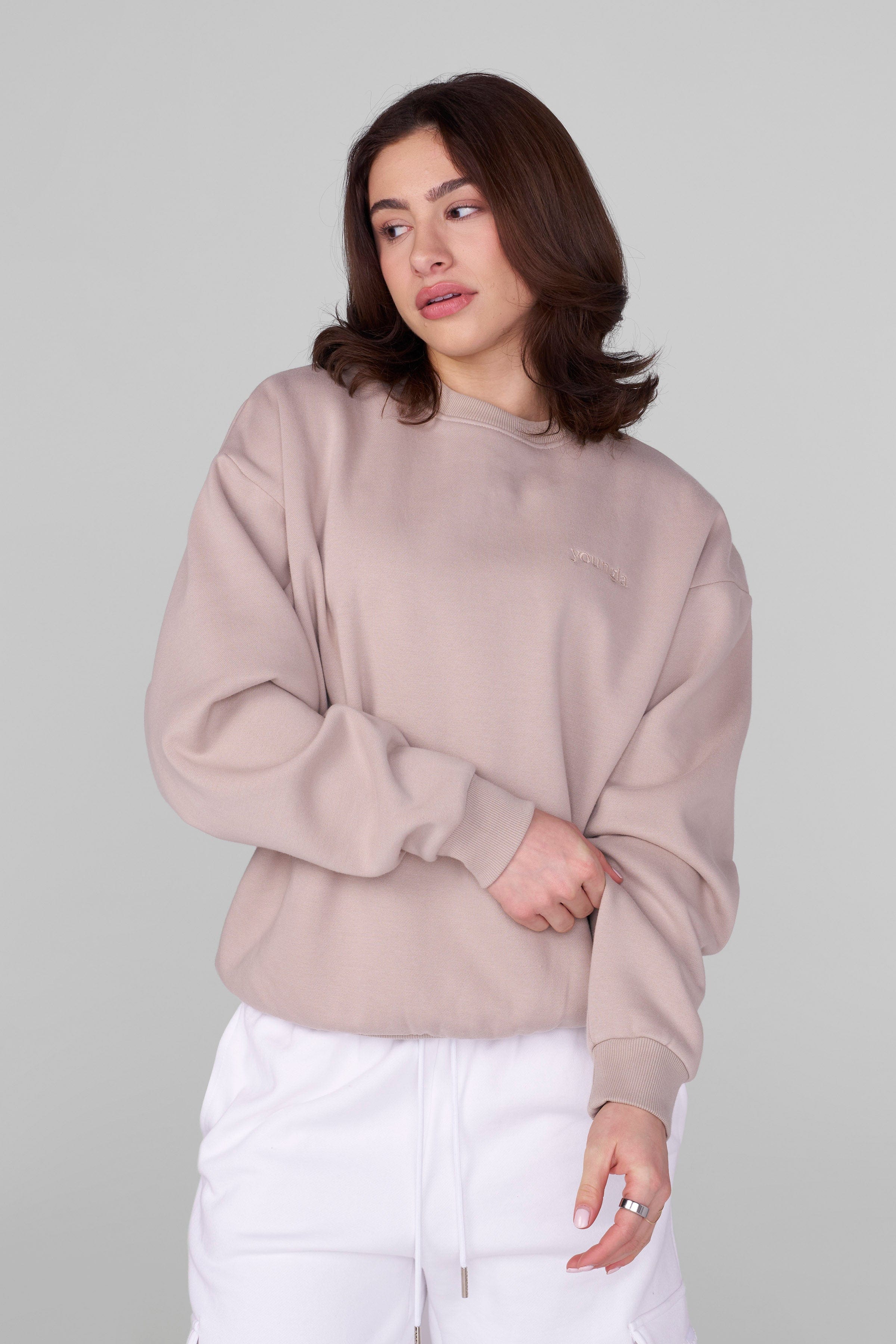 Front view of cotton crewneck sweatshirt styled casually on female model in New York
