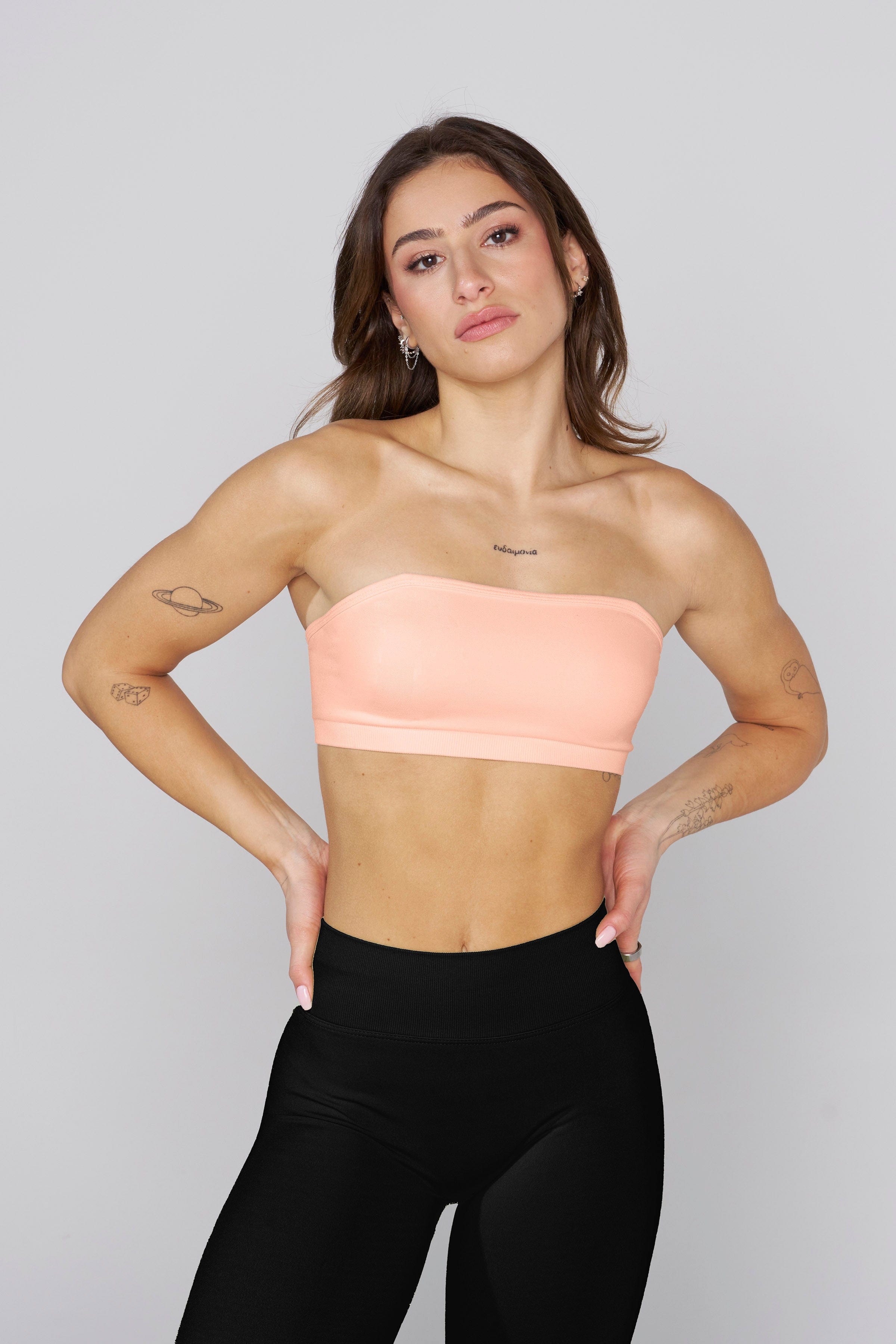 Back view of the seamless sports bra showing its strapless design.