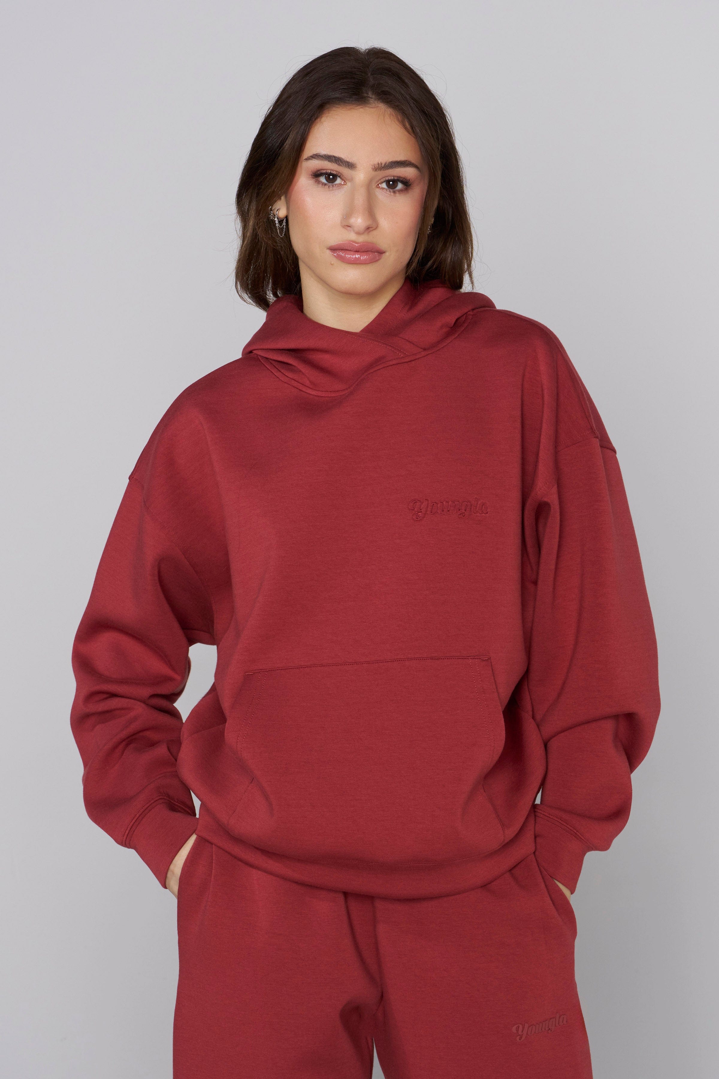 Front view of the YoungLA comfort scuba hoodie, showcasing its stylish design.