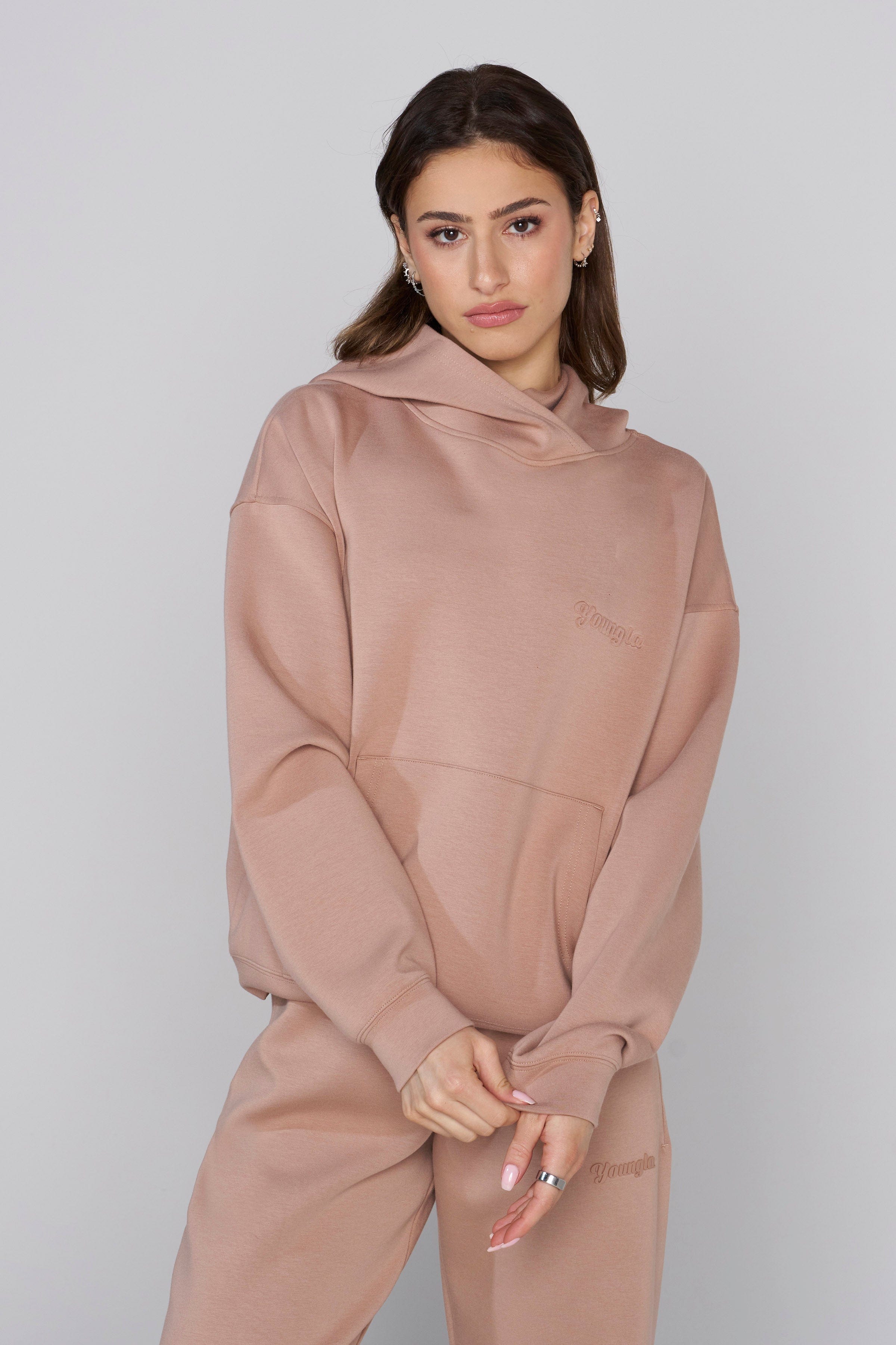Front view of the YoungLA comfort scuba hoodie, showcasing its stylish design.