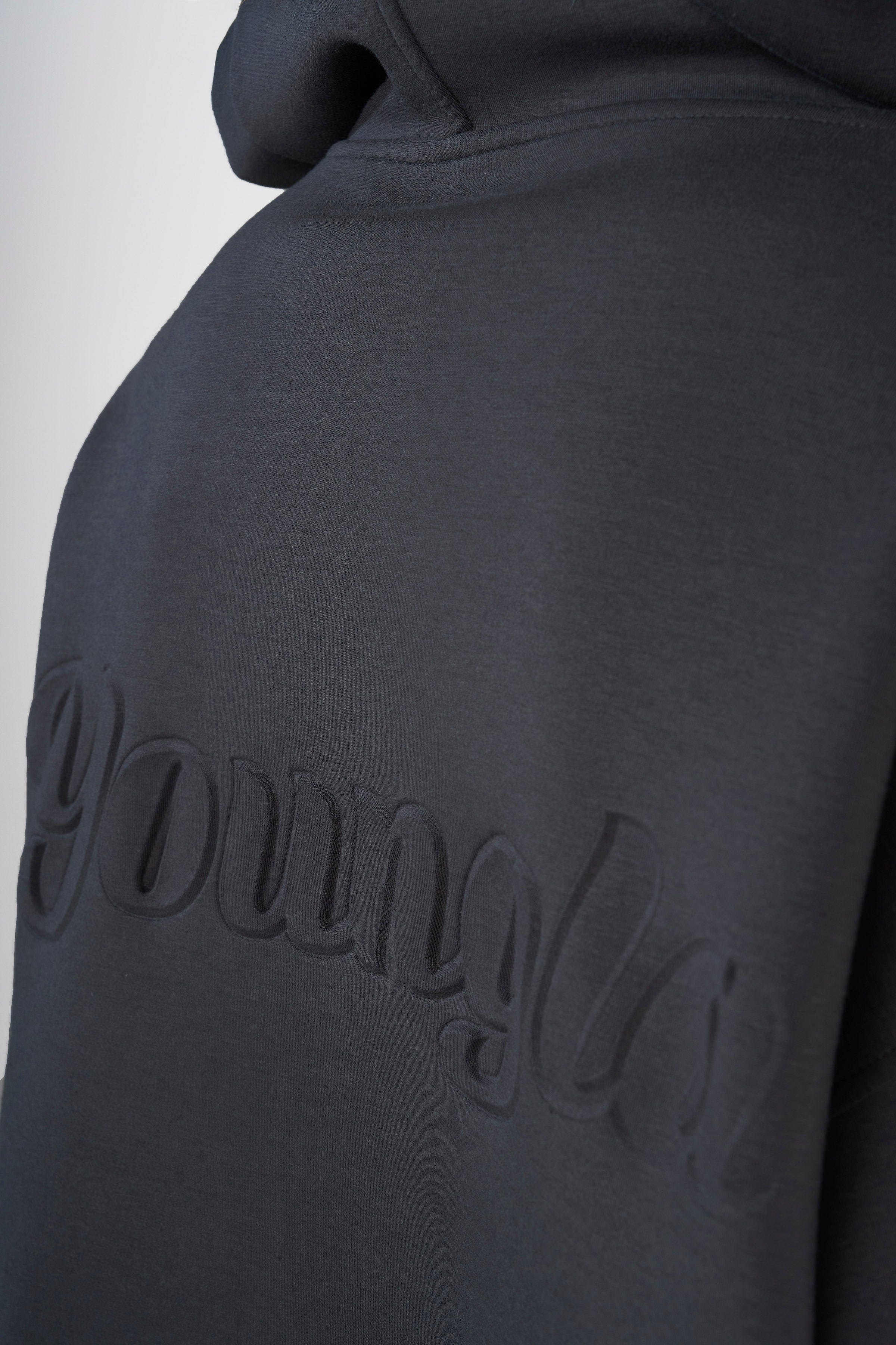 Front view of the YoungLA comfort scuba hoodie, showcasing its stylish design.