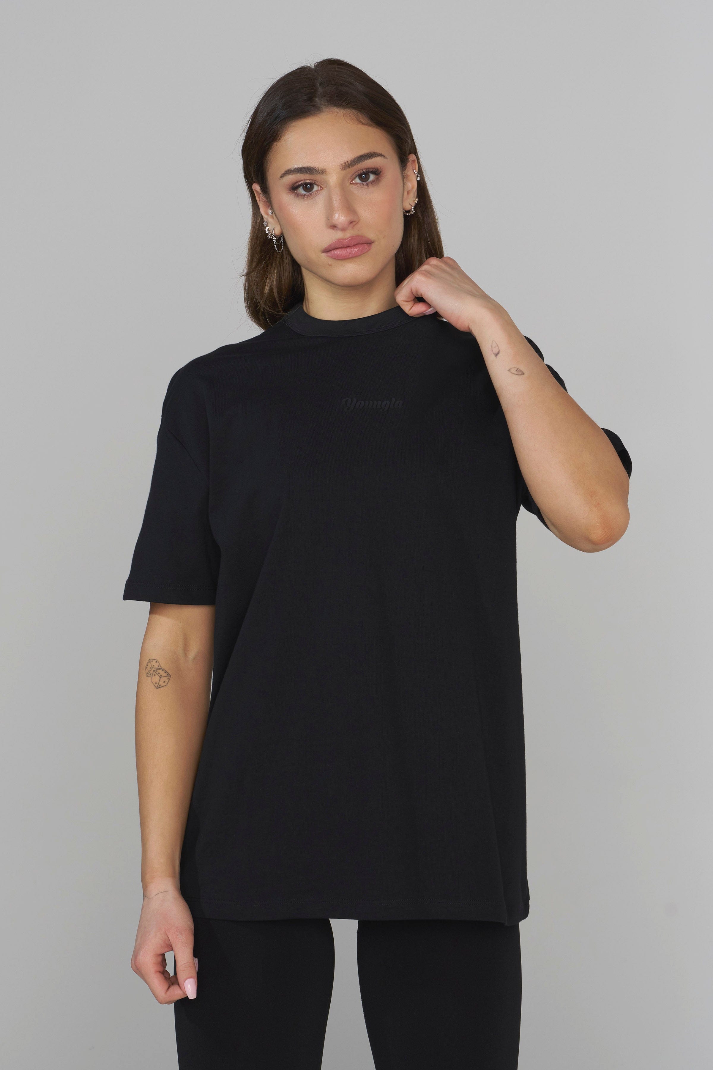 Front view of YoungLA oversized t shirt on a model, showcasing its relaxed fit.