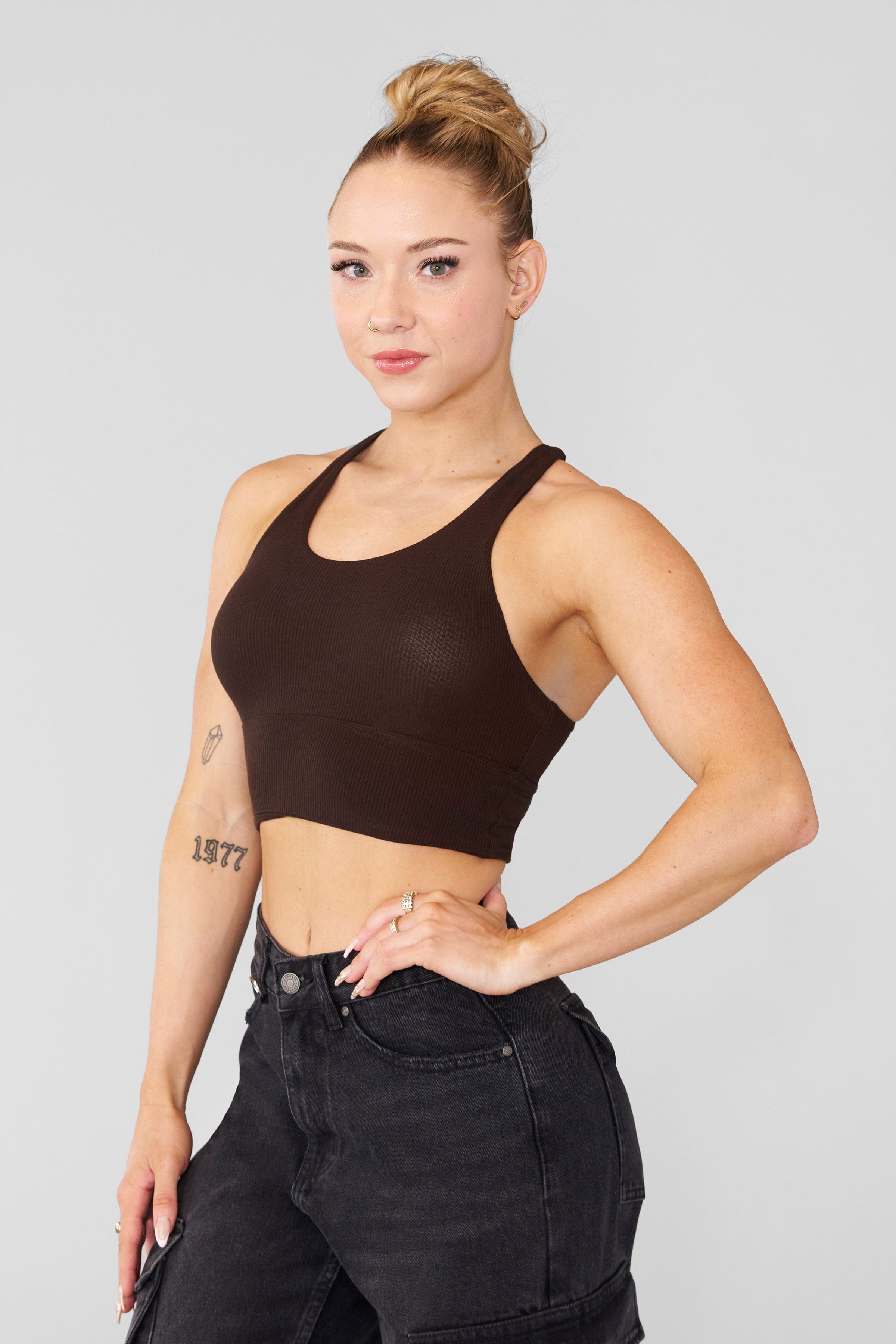 Model wearing the comfortable tank top during a casual outing.