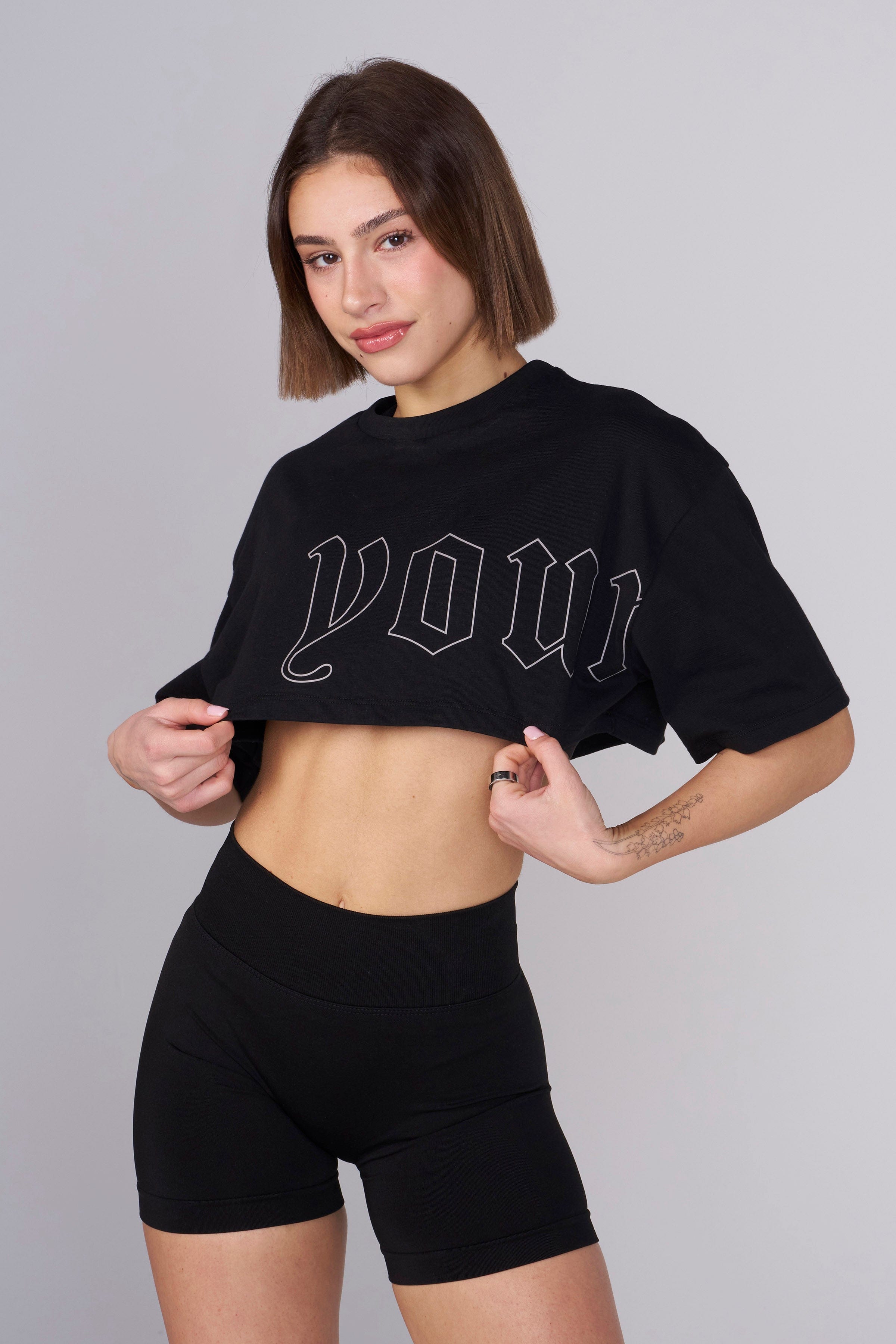 Front view of the Urban Vibe Boxy Cropped Tee in a casual setting.
