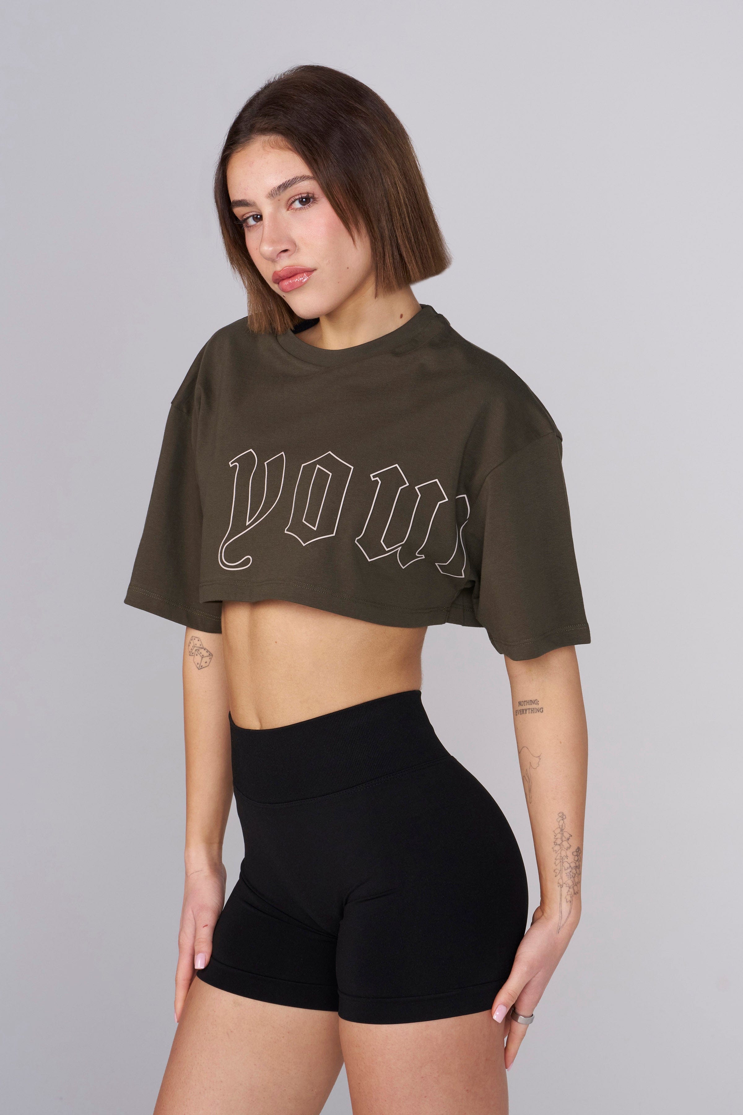 Front view of the Urban Vibe Boxy Cropped Tee in a casual setting.