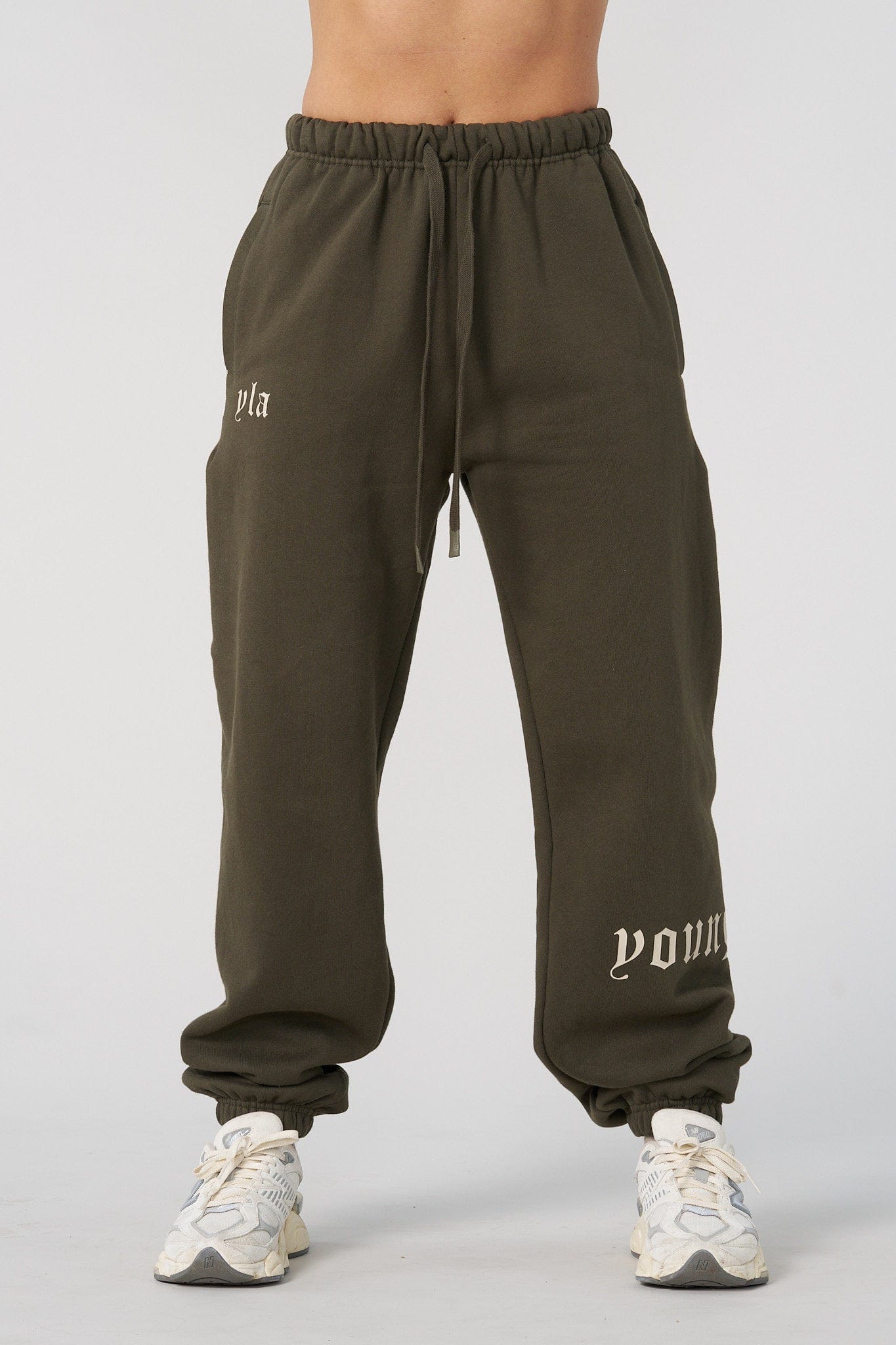 Close-up of urban cuff joggers with cuffed ankles and fleece fabric detail