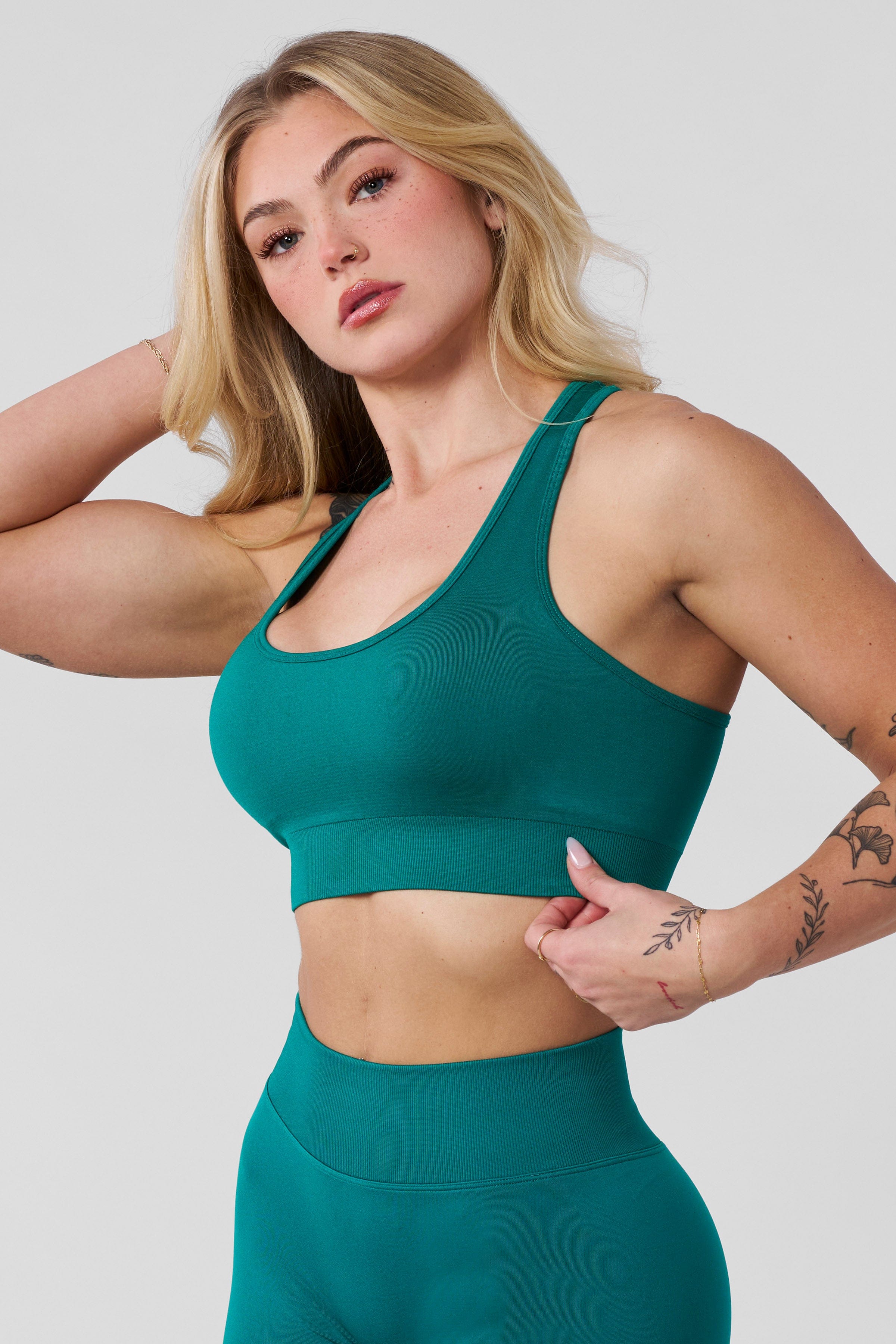 Model wearing the seamless bra during a casual activity, emphasizing comfort