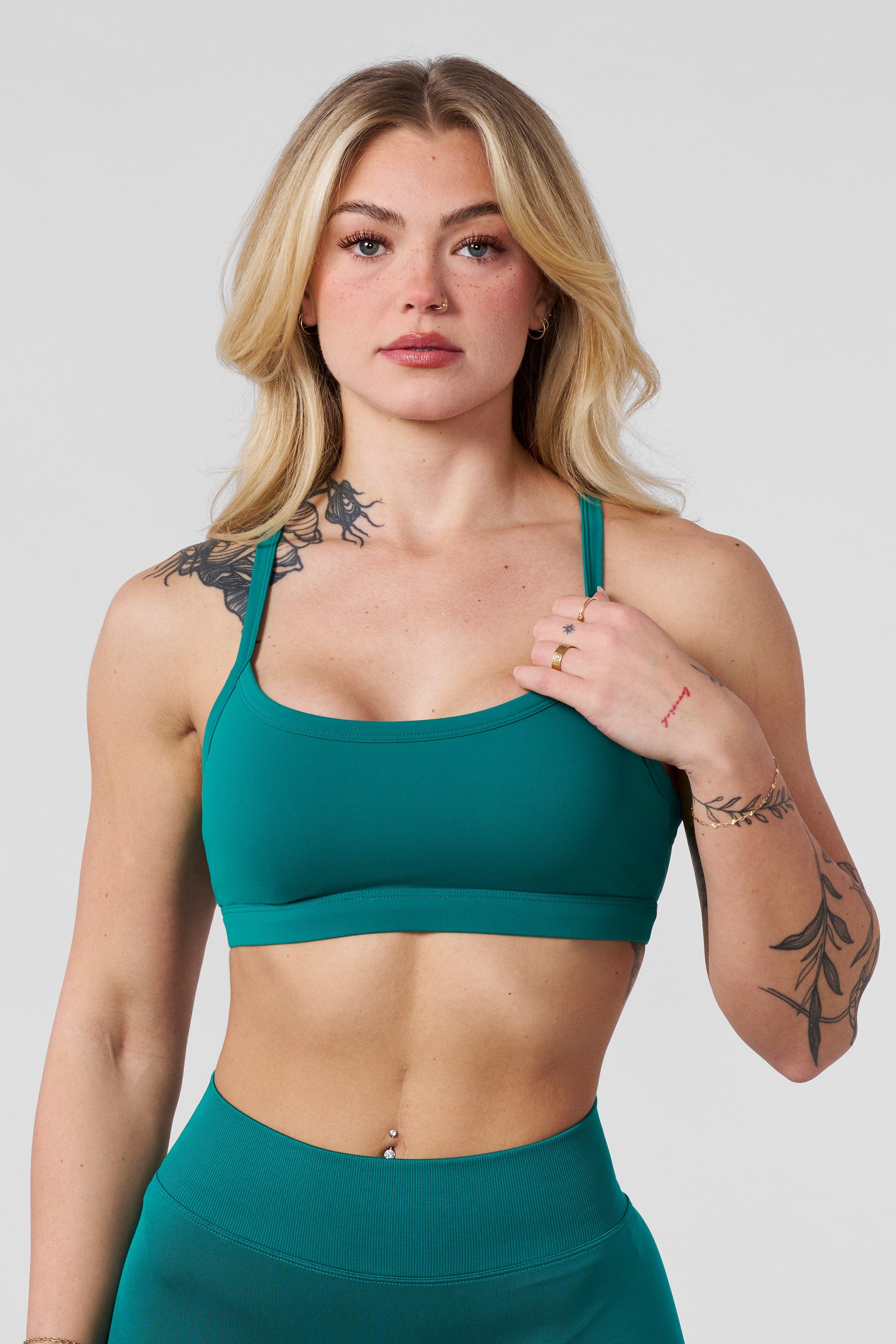 Closeup of bra fitting details and texture of sports bra sports fabric