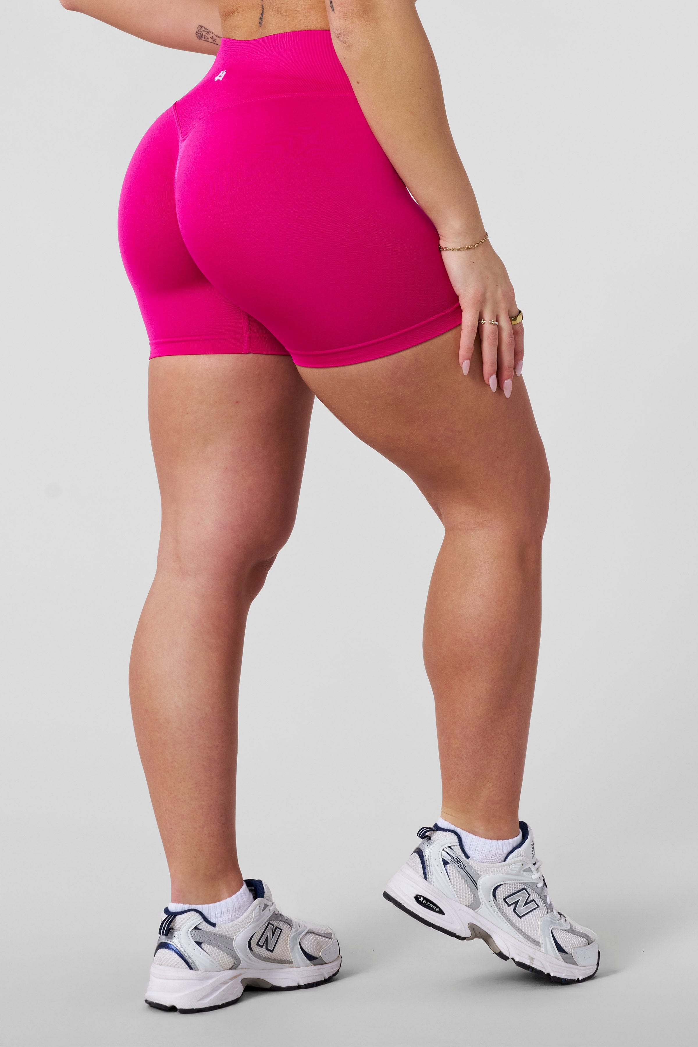 Front view of seamless shorts worn during a trail jog in Austin.