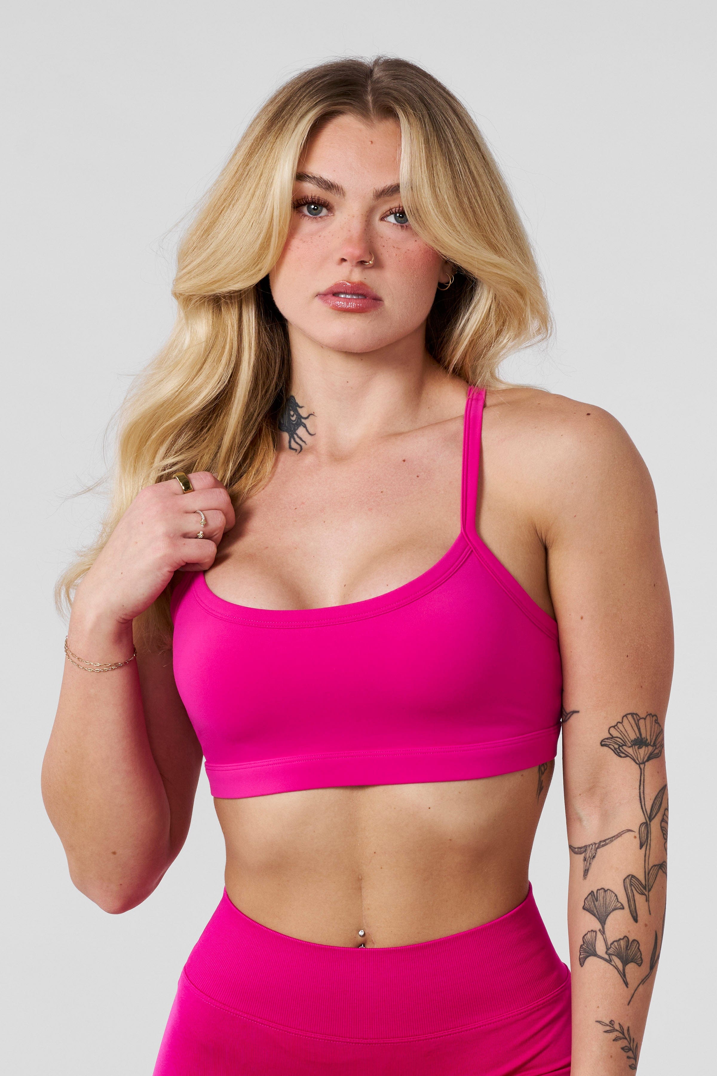 Back view showing breathable racerback feature of high impact sports bra during yoga