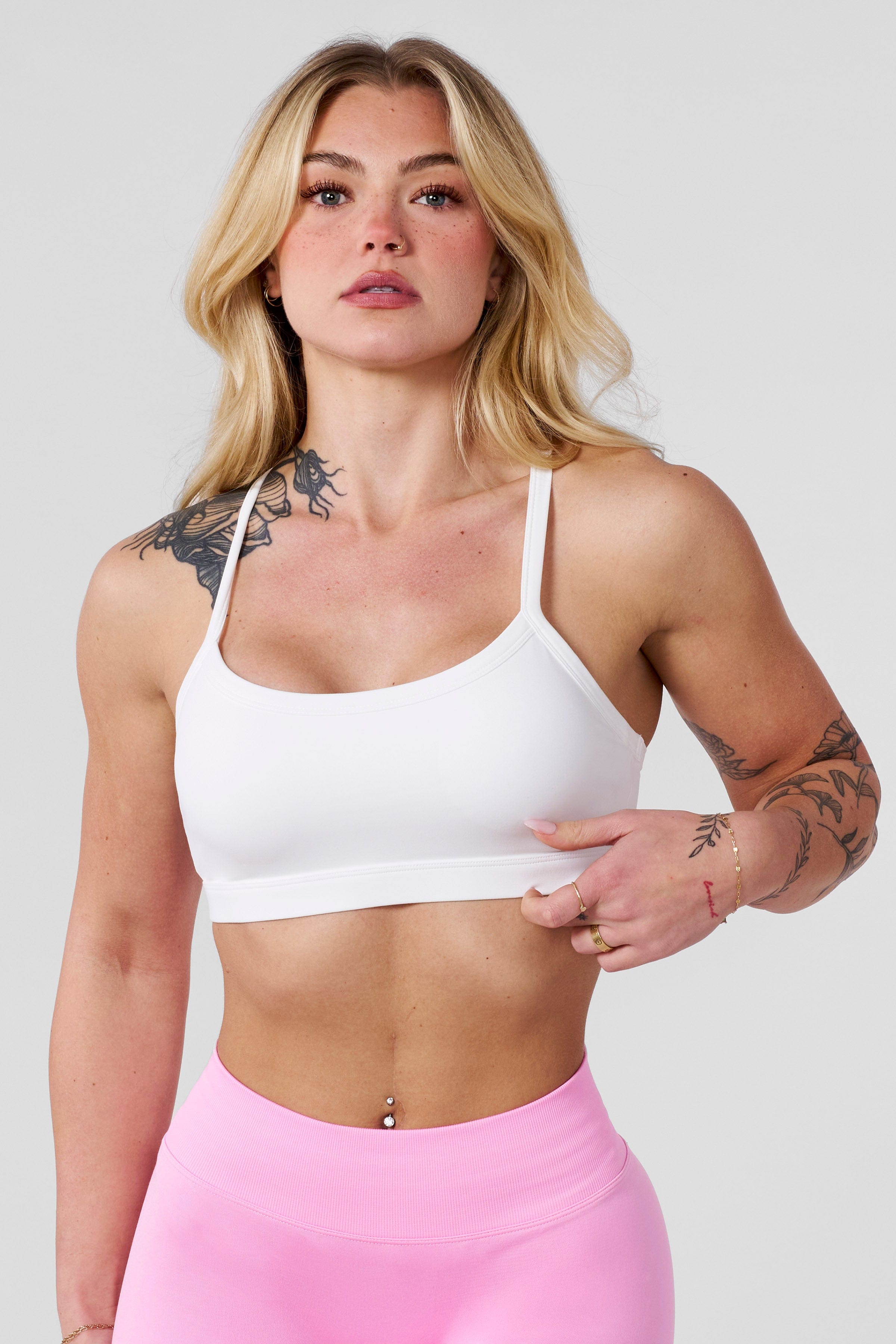 Closeup of bra fitting details and texture of sports bra sports fabric