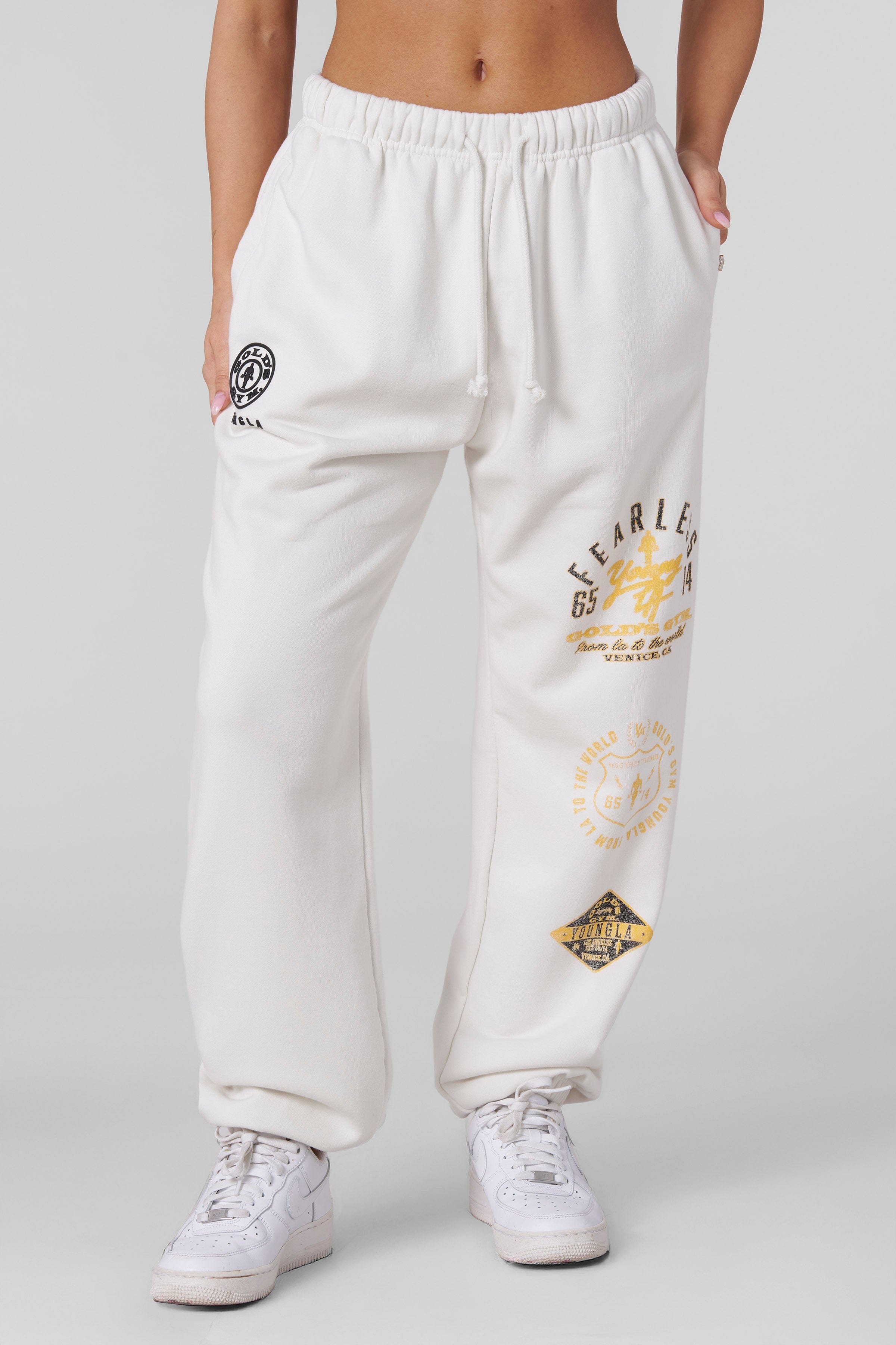 Close-up of fabric texture on Golds Gym mens joggers.