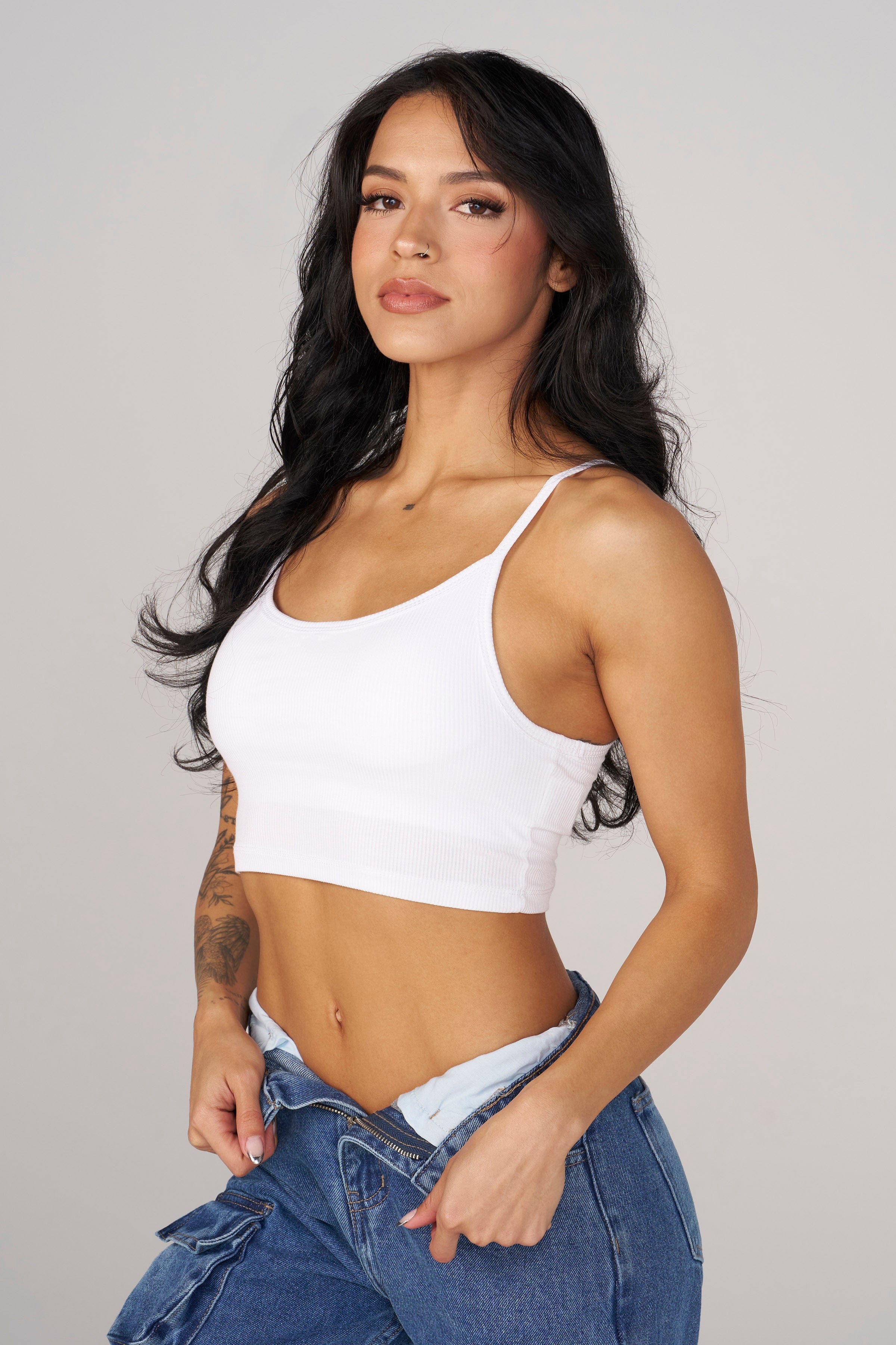 Close-up of ribbed design and padding detail on mens tank top
