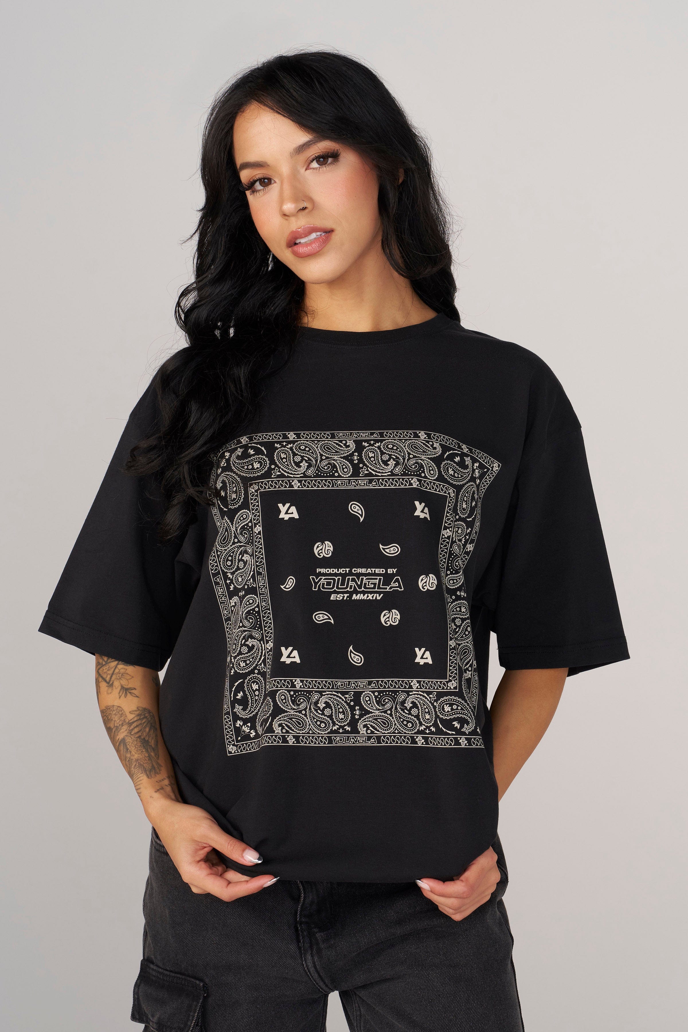 Model wearing the bandana tee at a music festival.