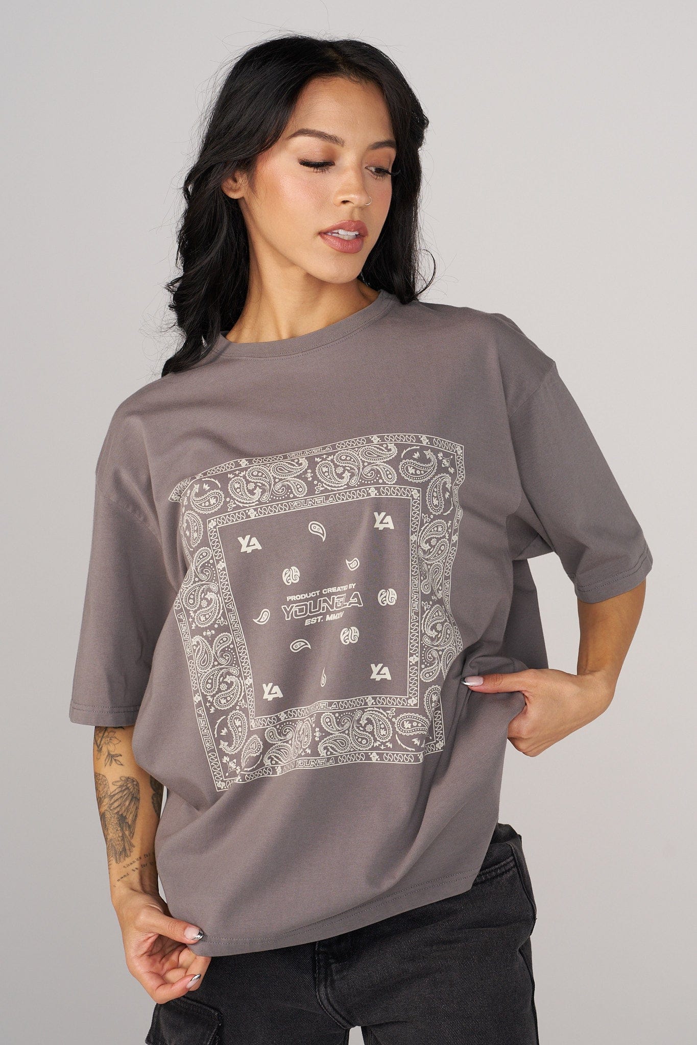 Front view of the rockstar bandana oversized t-shirt for men.