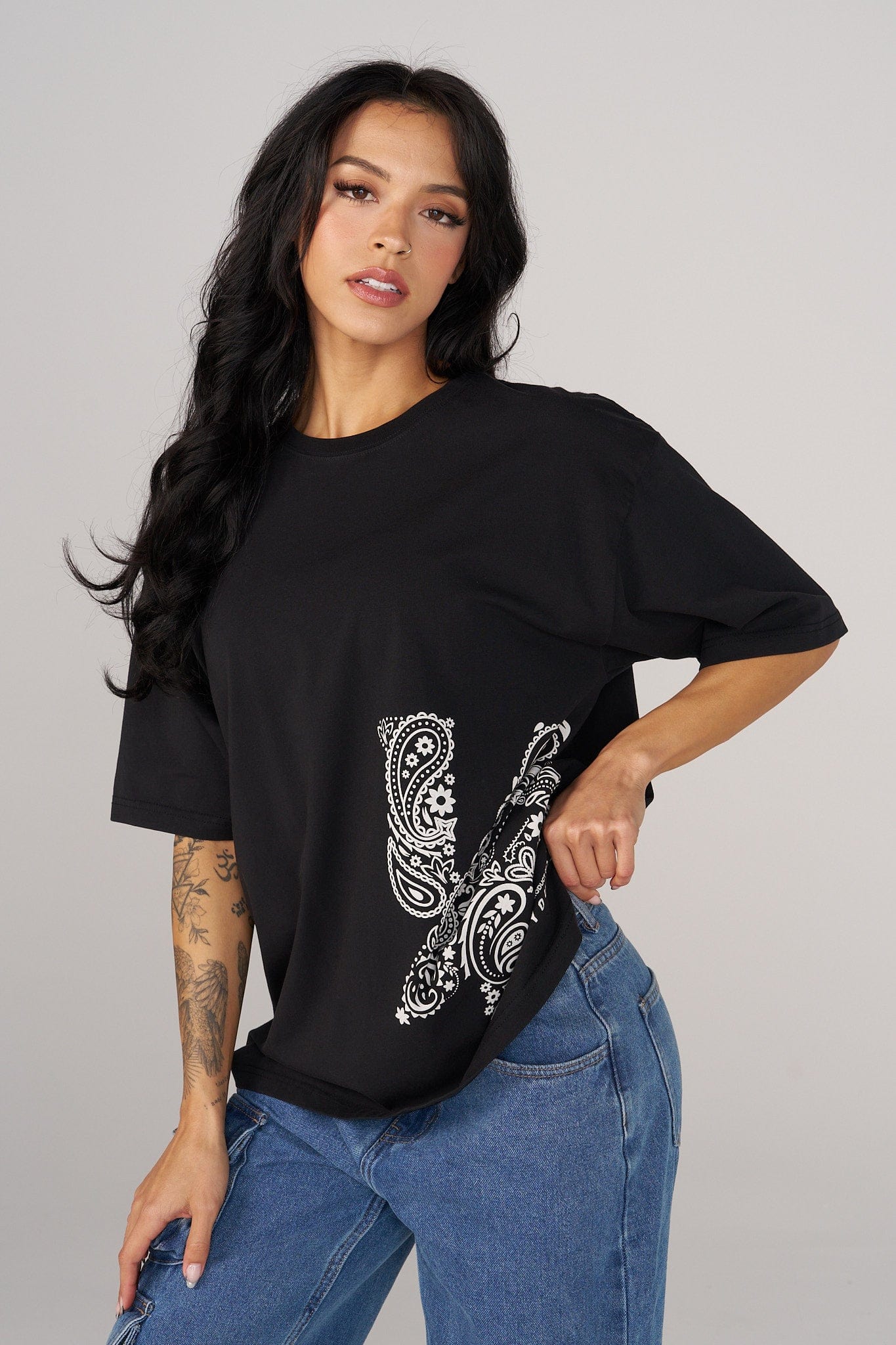 Model wearing the bandana tee at a music festival.