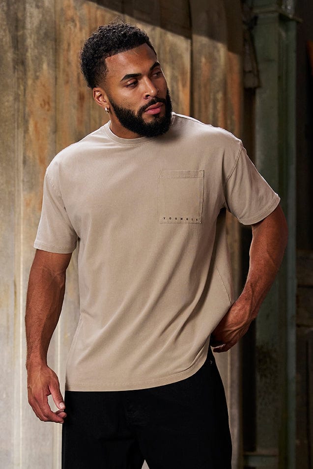 Close-up of pocket t-shirt detail and textured cotton blend
