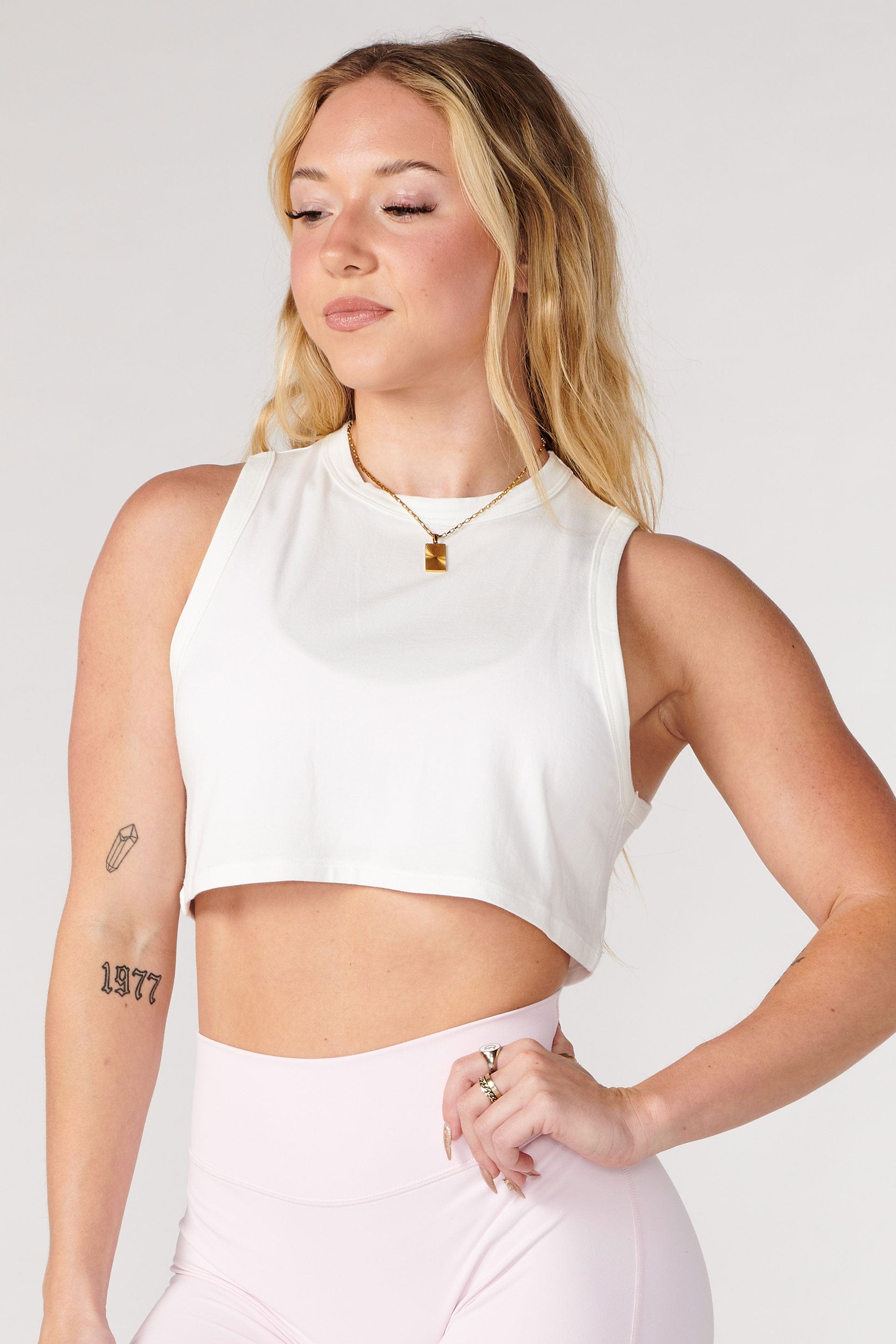 Close-up of the breathable fabric of the Cloud Comfort Modal Workout Tank.