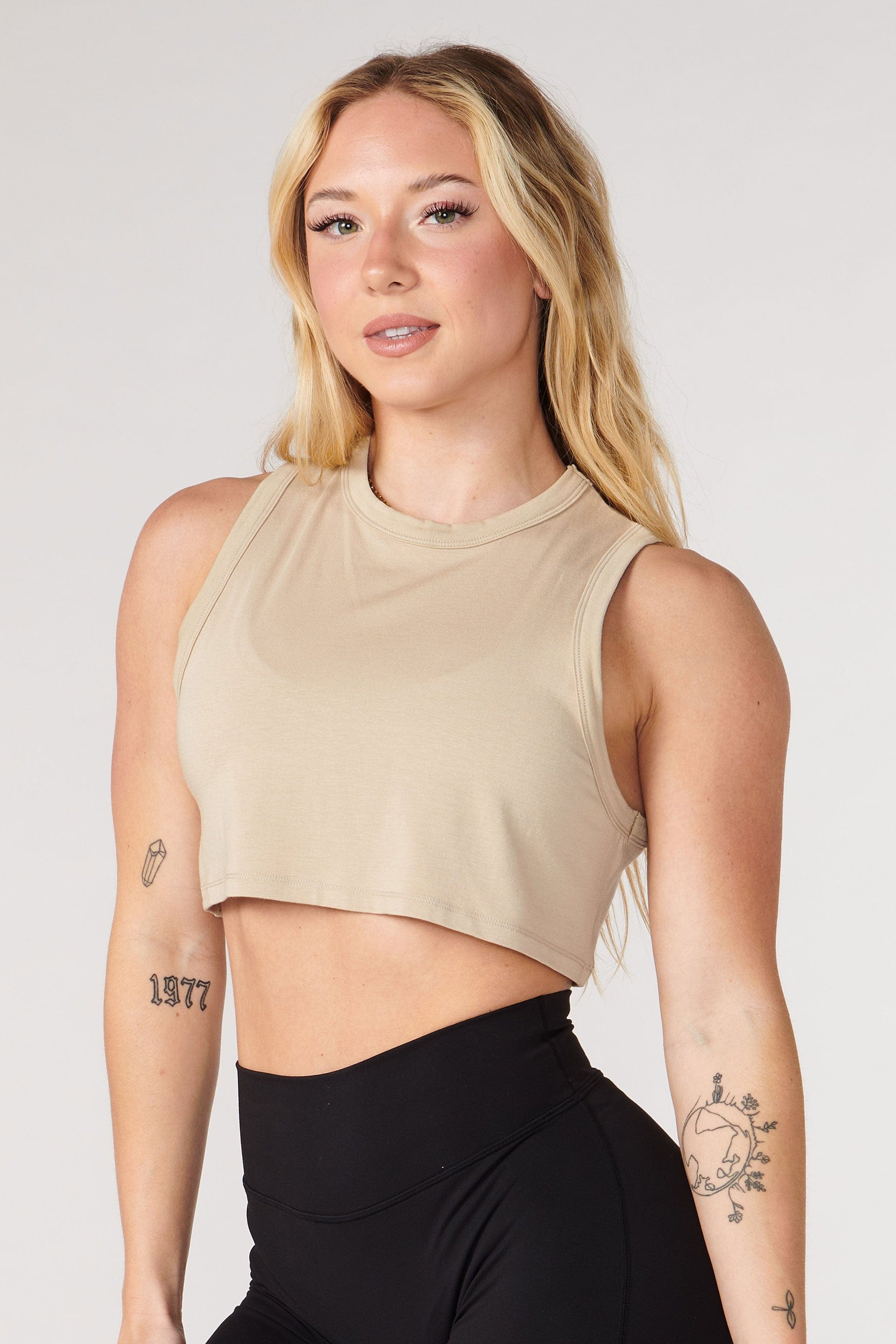 Close-up of the breathable fabric of the Cloud Comfort Modal Workout Tank.