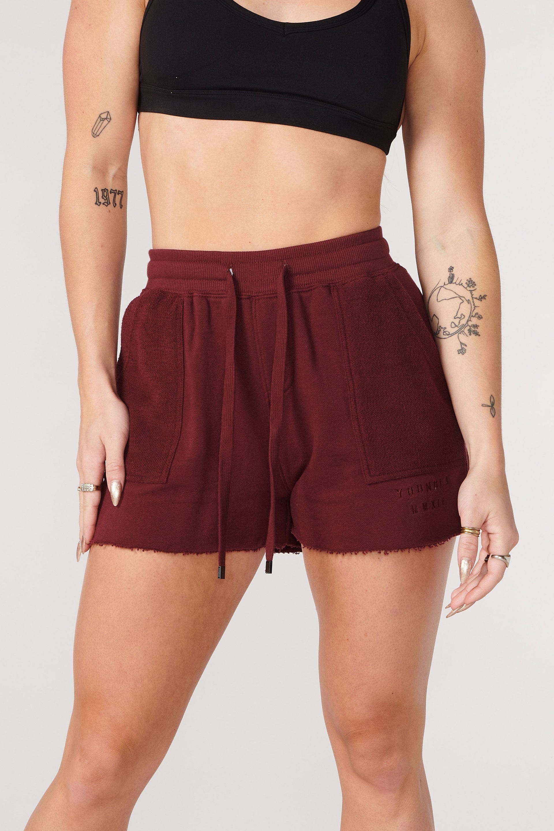 Front view of YoungLA Reversed Terry Summer Shorts showcasing pocket detail.