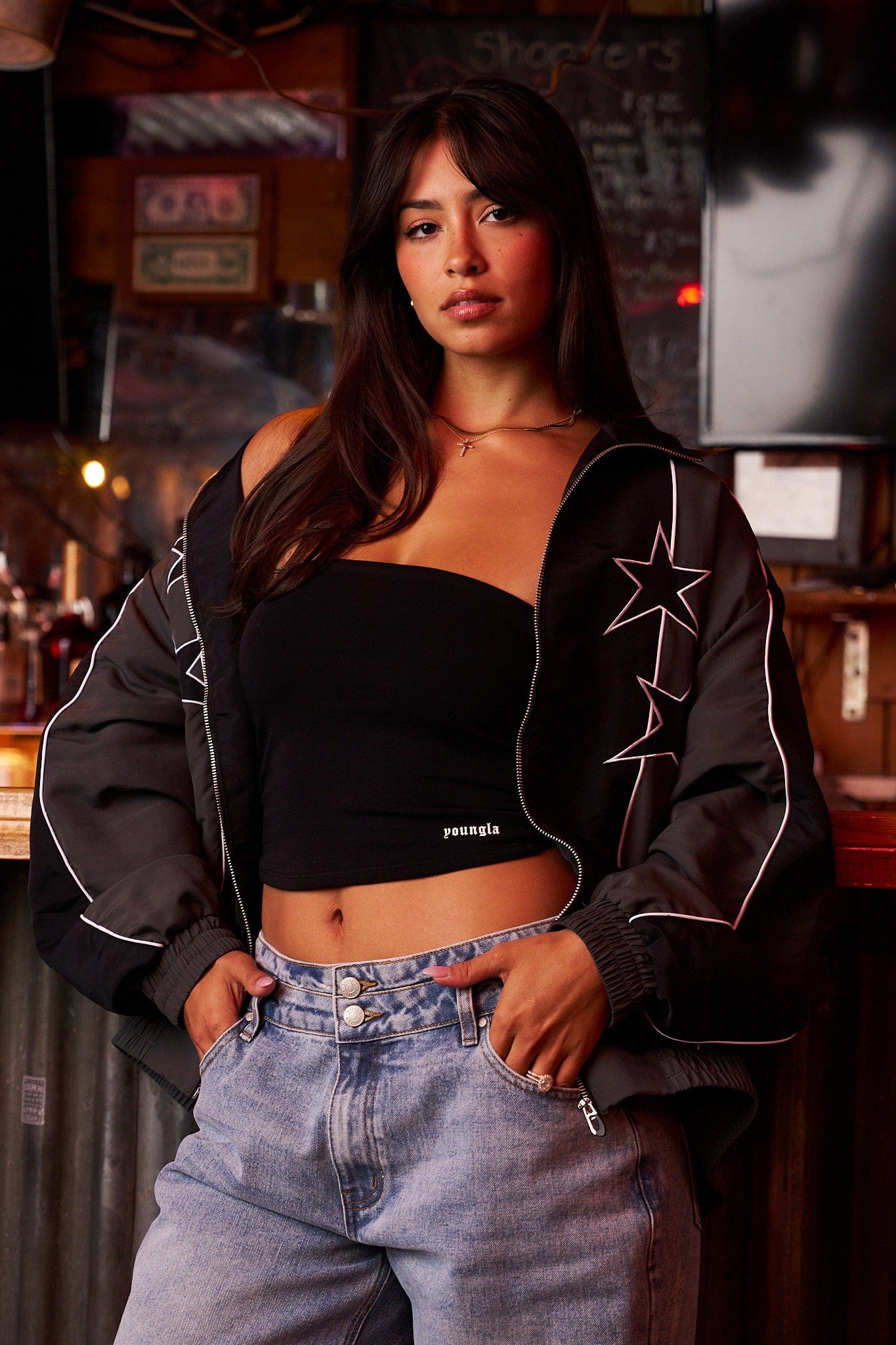 Front view of retro oversized windbreaker jacket, showcasing its relaxed fit.