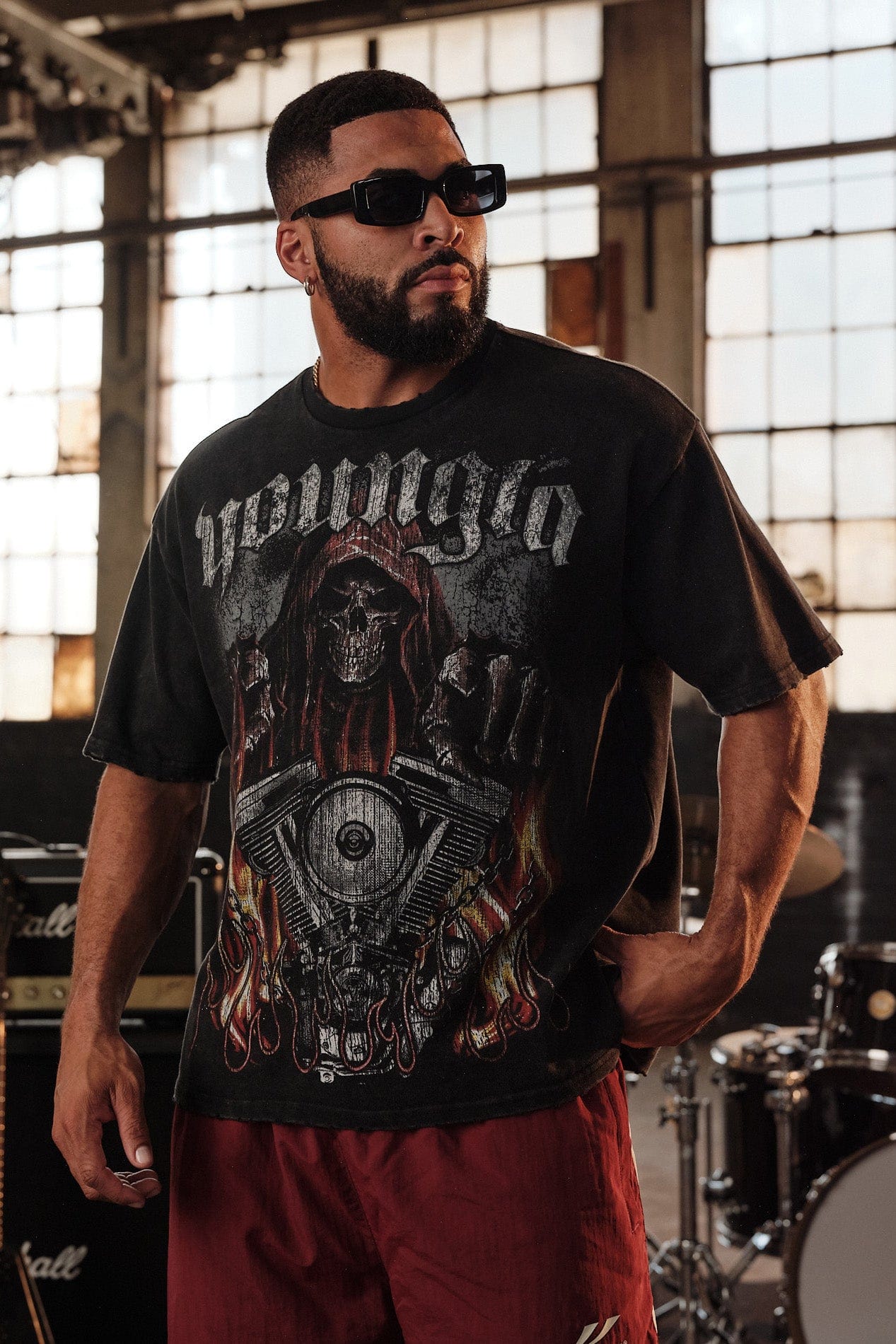 Model wearing a vintage rock tee with relaxed fit and classic design