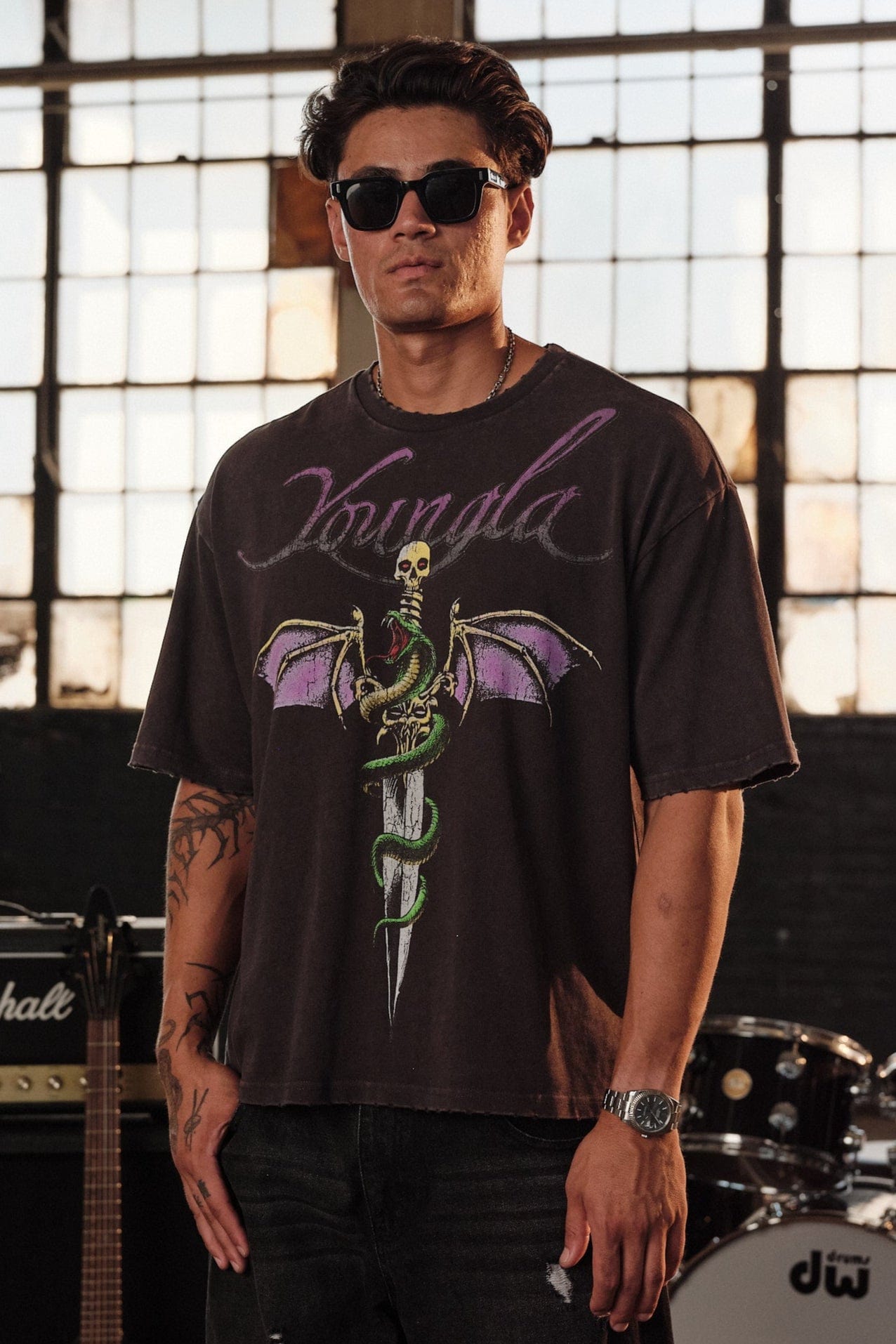 Front view of a vintage rock t-shirt showcasing iconic band artwork