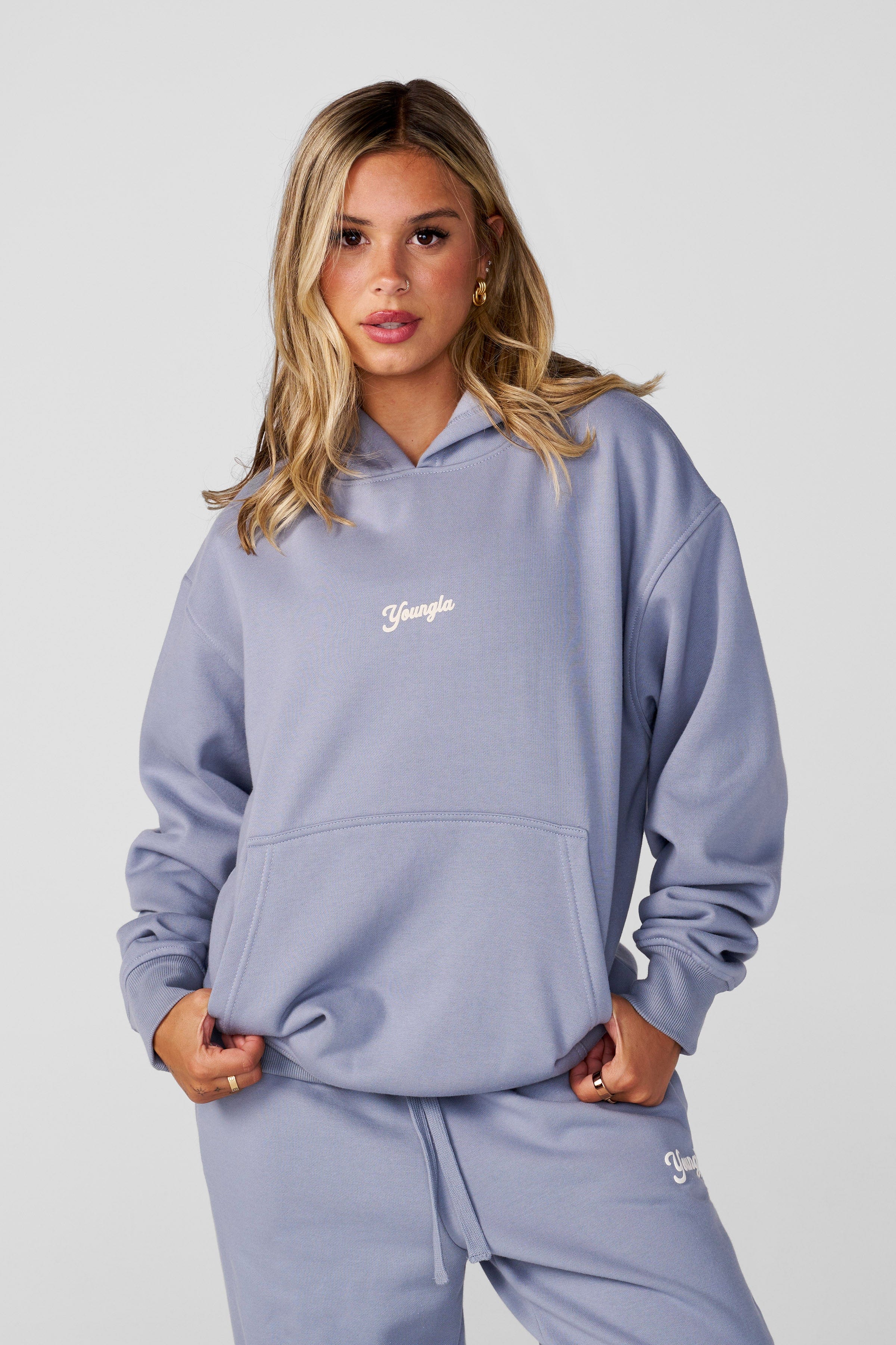 Front view of the fluffy oversized hoodie, showcasing its soft fabric.
