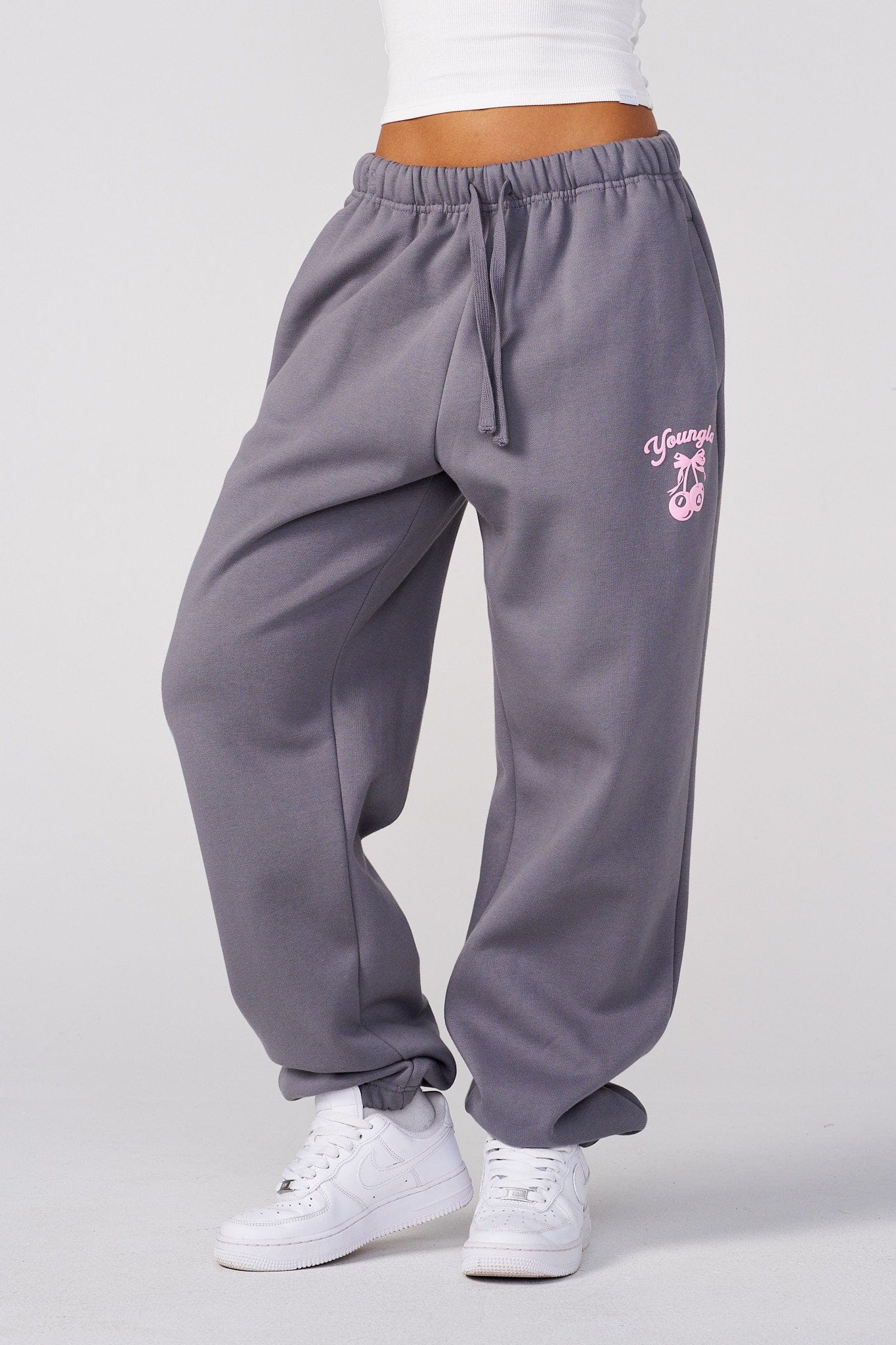 Close-up of the fluffy fleece material of the oversized joggers.
