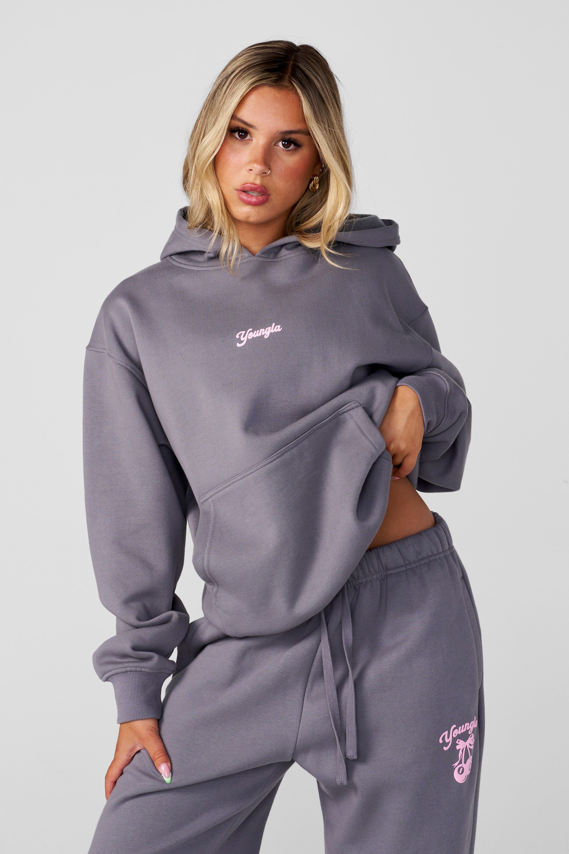 Front view of the fluffy oversized hoodie, showcasing its soft fabric.
