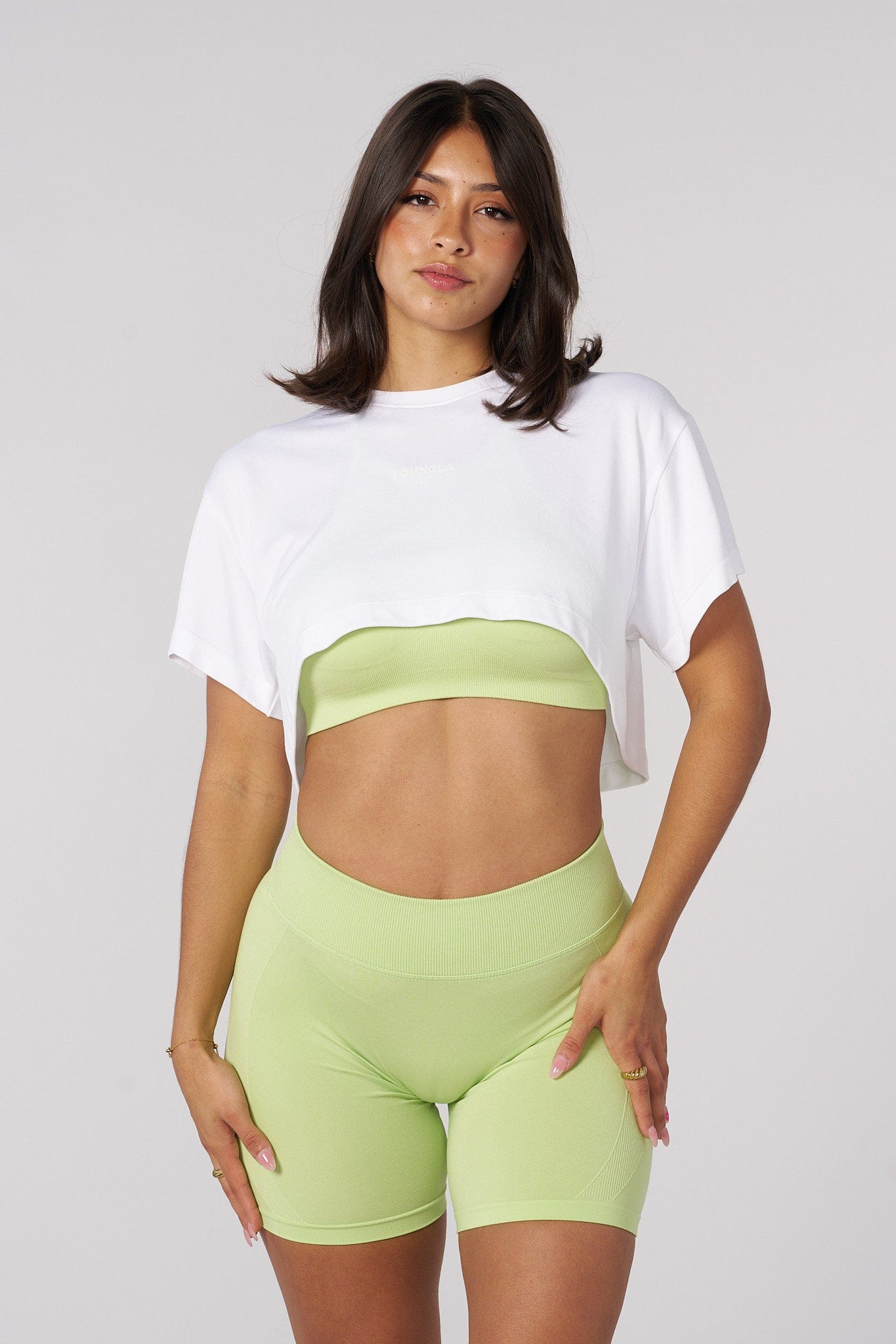 Side angle showing the seamless design and cropped front