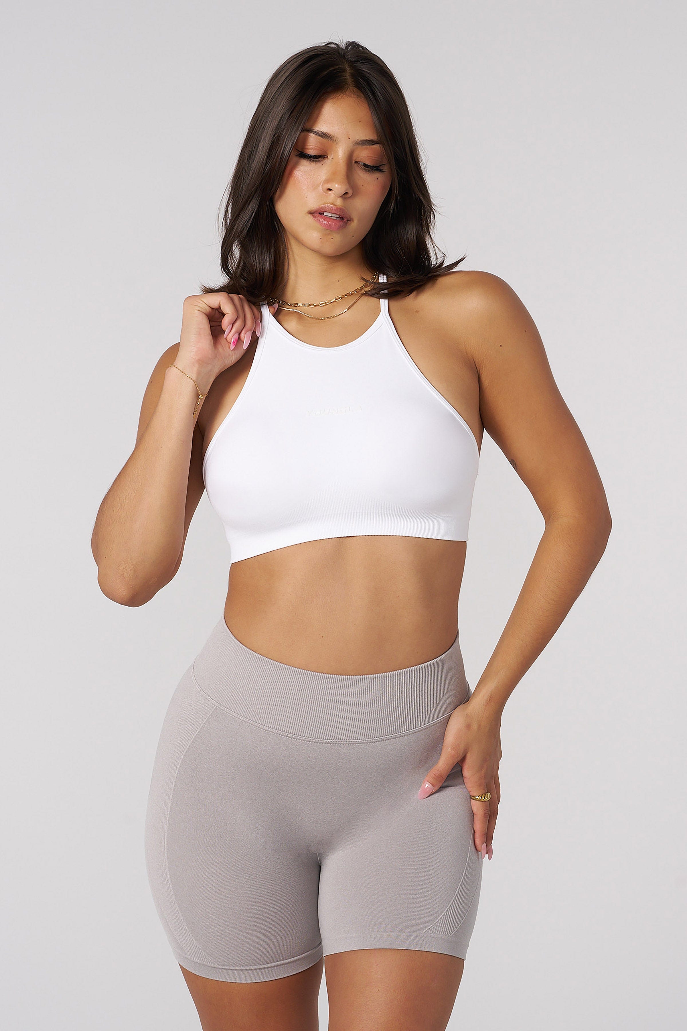Close-up of fabric texture and built-in padding on the tank top