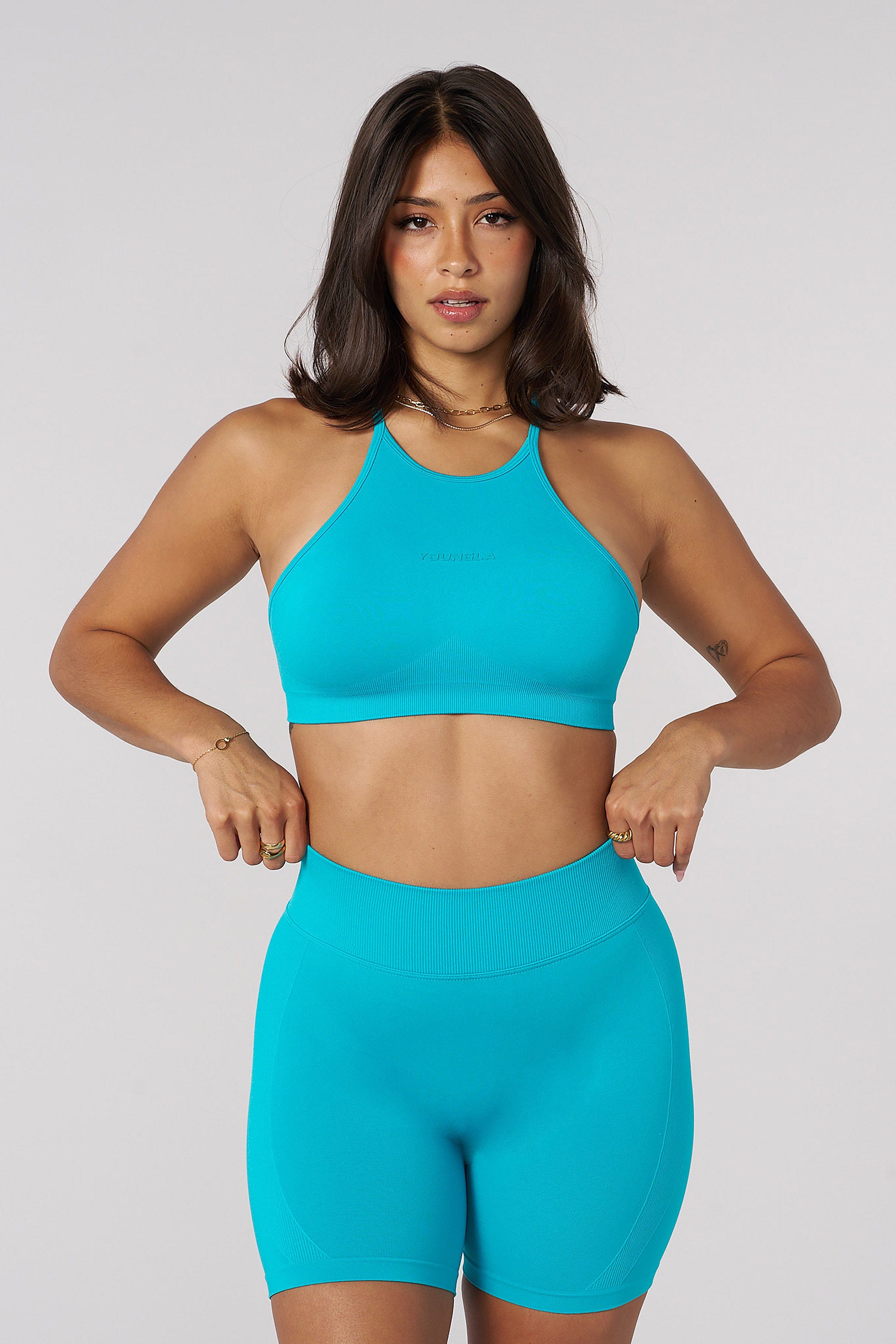 Close-up of fabric texture and built-in padding on the tank top