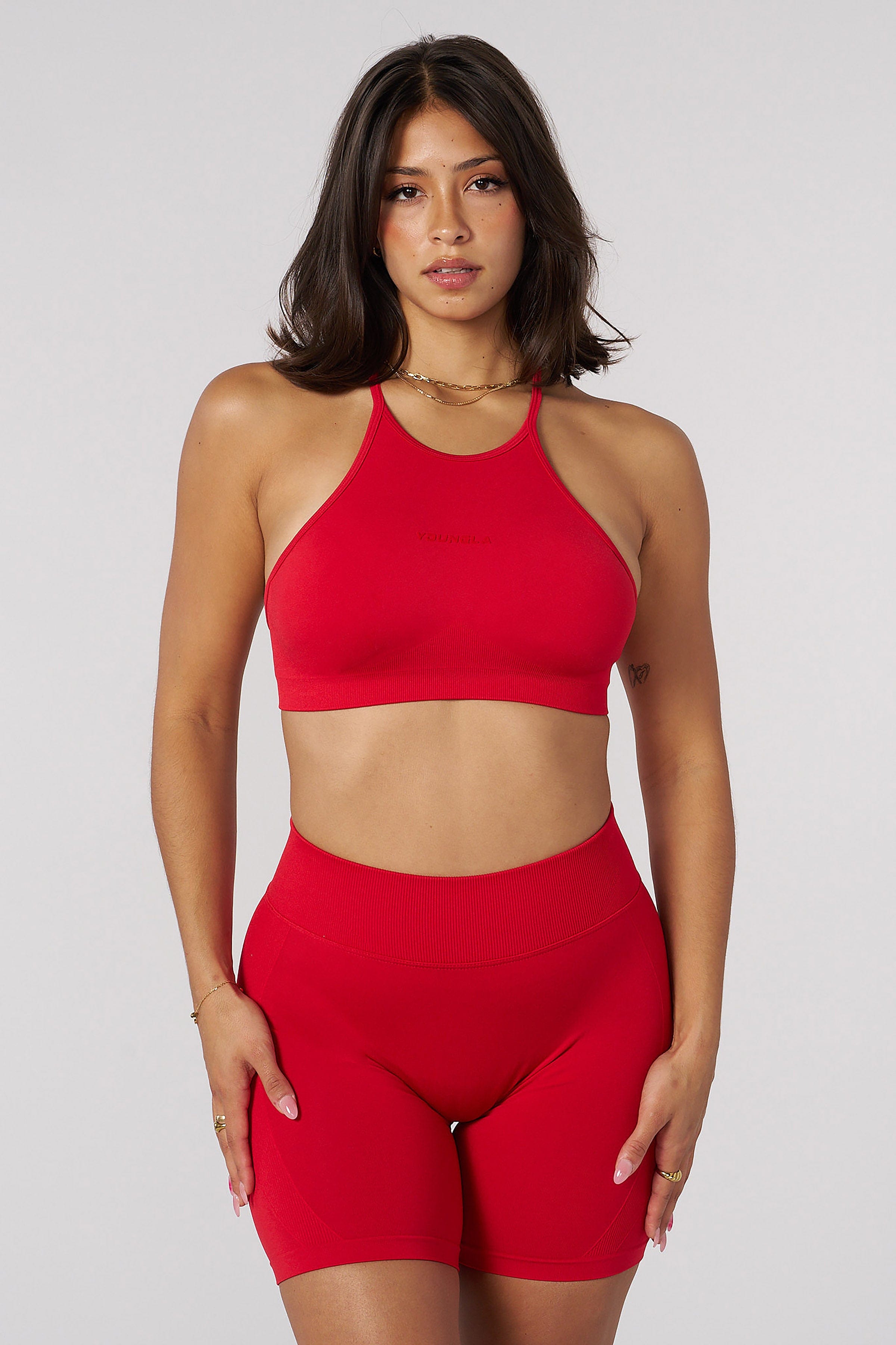Close-up of fabric texture and built-in padding on the tank top