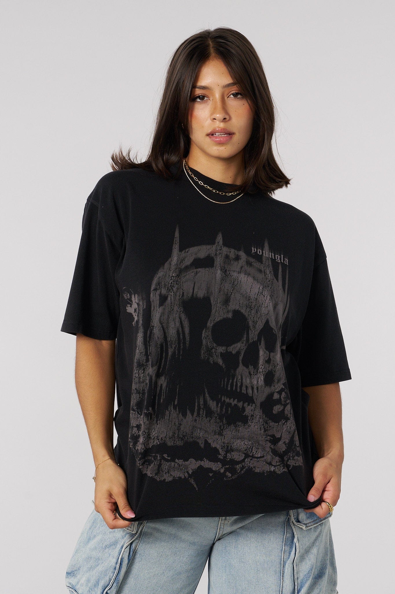 Close-up of the skull and headphones graphic print