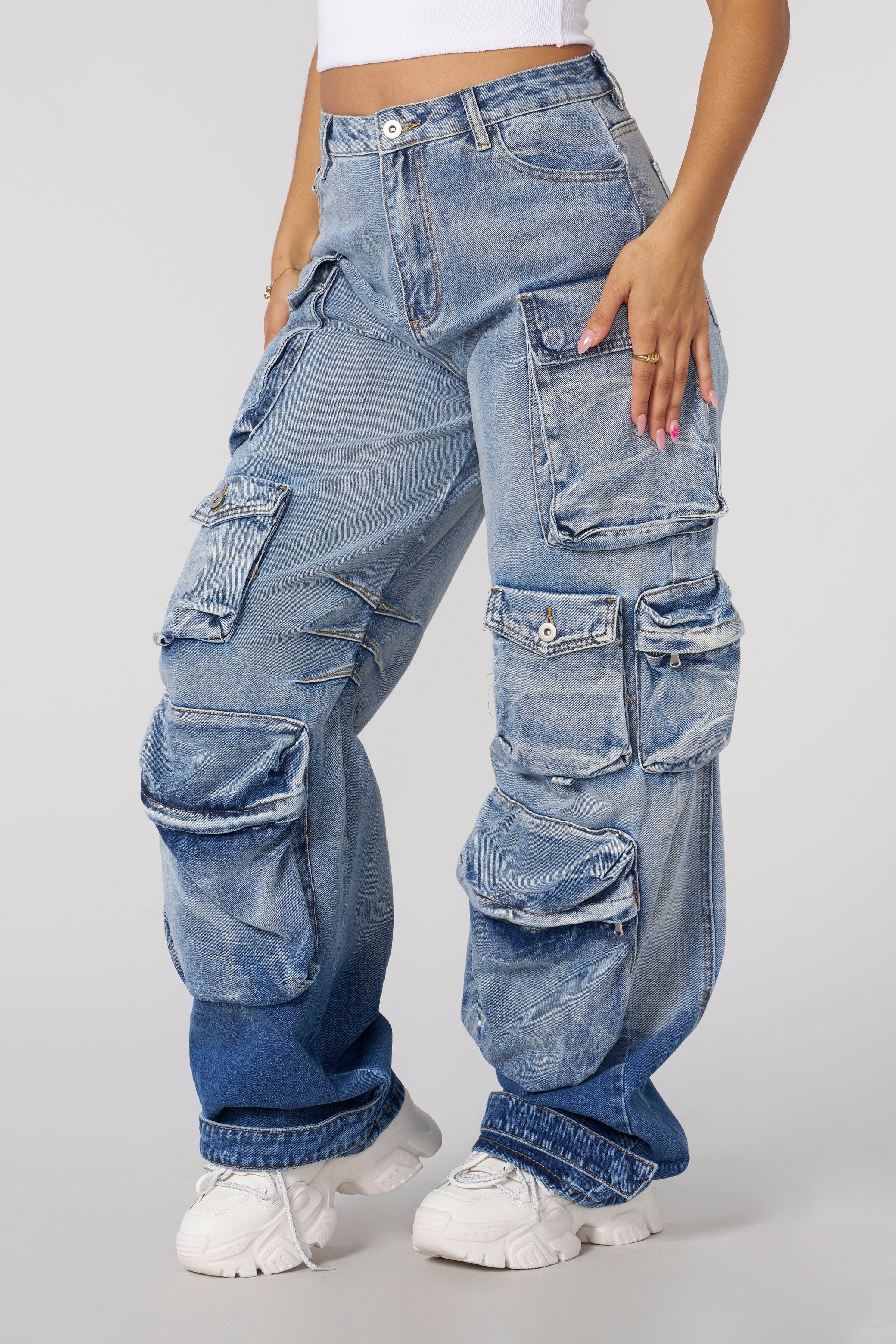 Side view of cargo trouser jeans, highlighting multiple pockets.