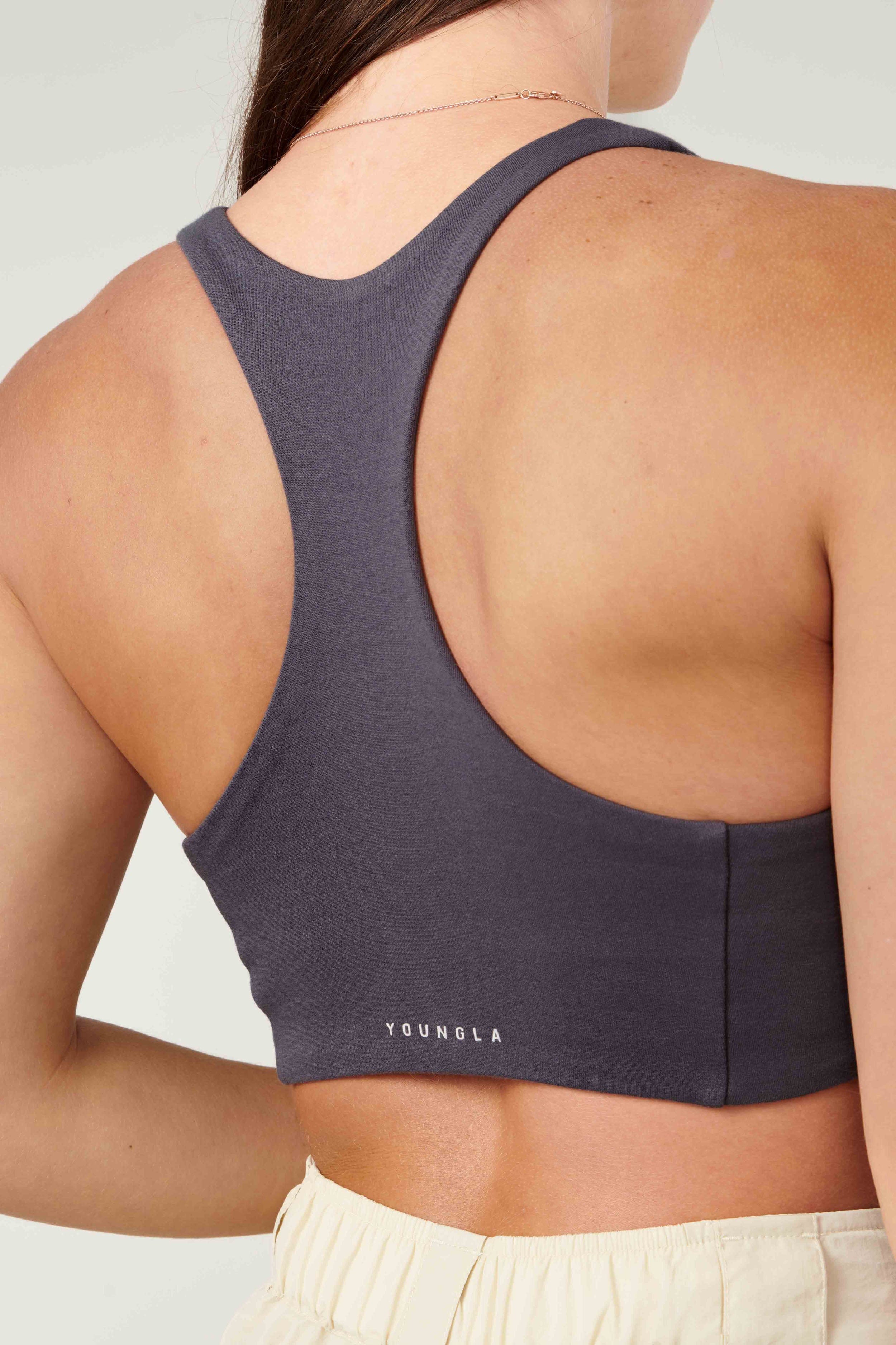 Back view showcasing the spaced-out YoungLA logo on the racerback tank top.