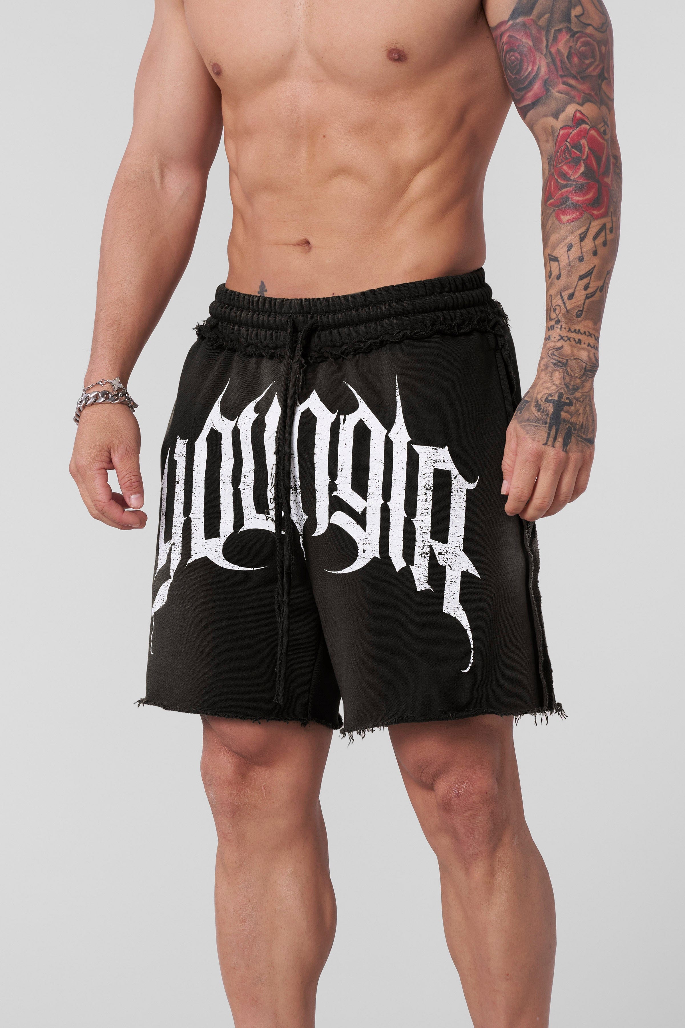 Front view of deconstructed shorts styled for downtown walks
