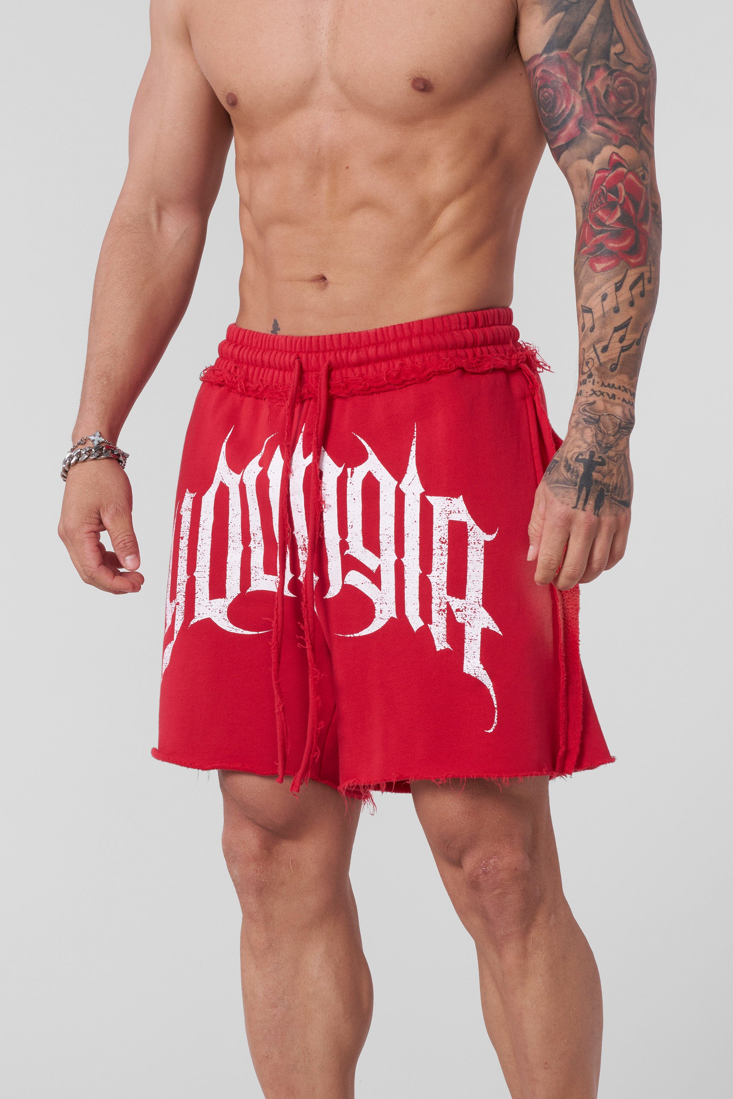 Front view of deconstructed shorts styled for downtown walks