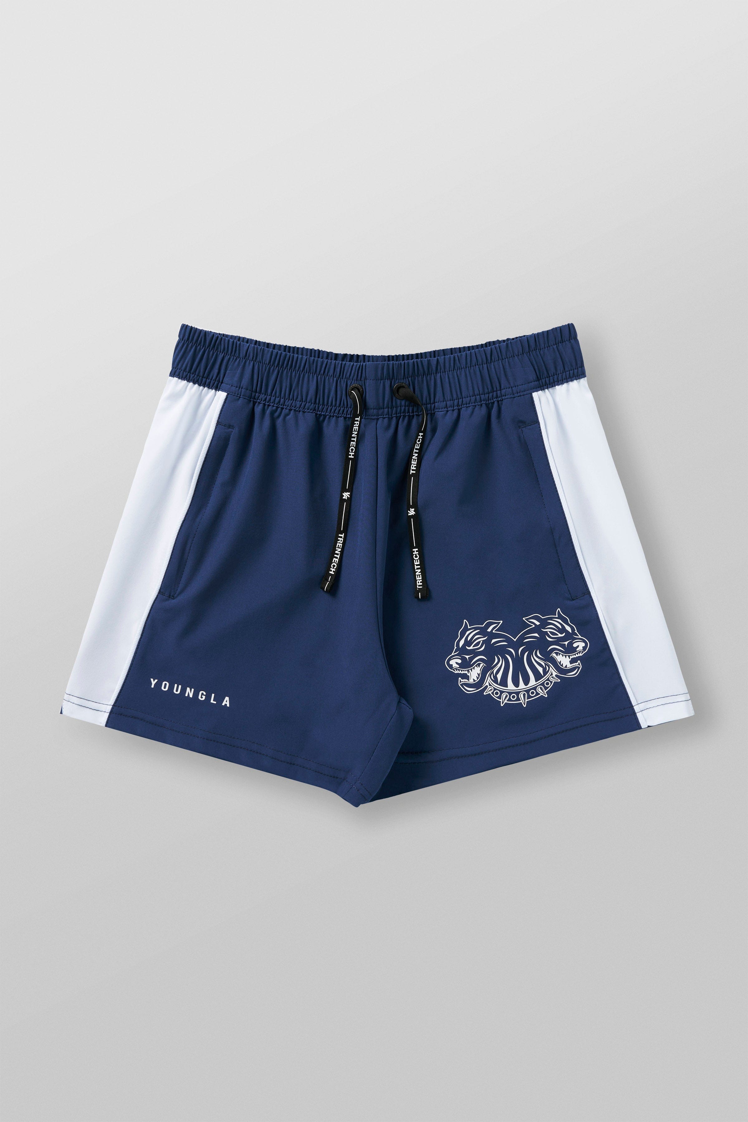 Side angle of mens workout shorts emphasizing quad muscle fit