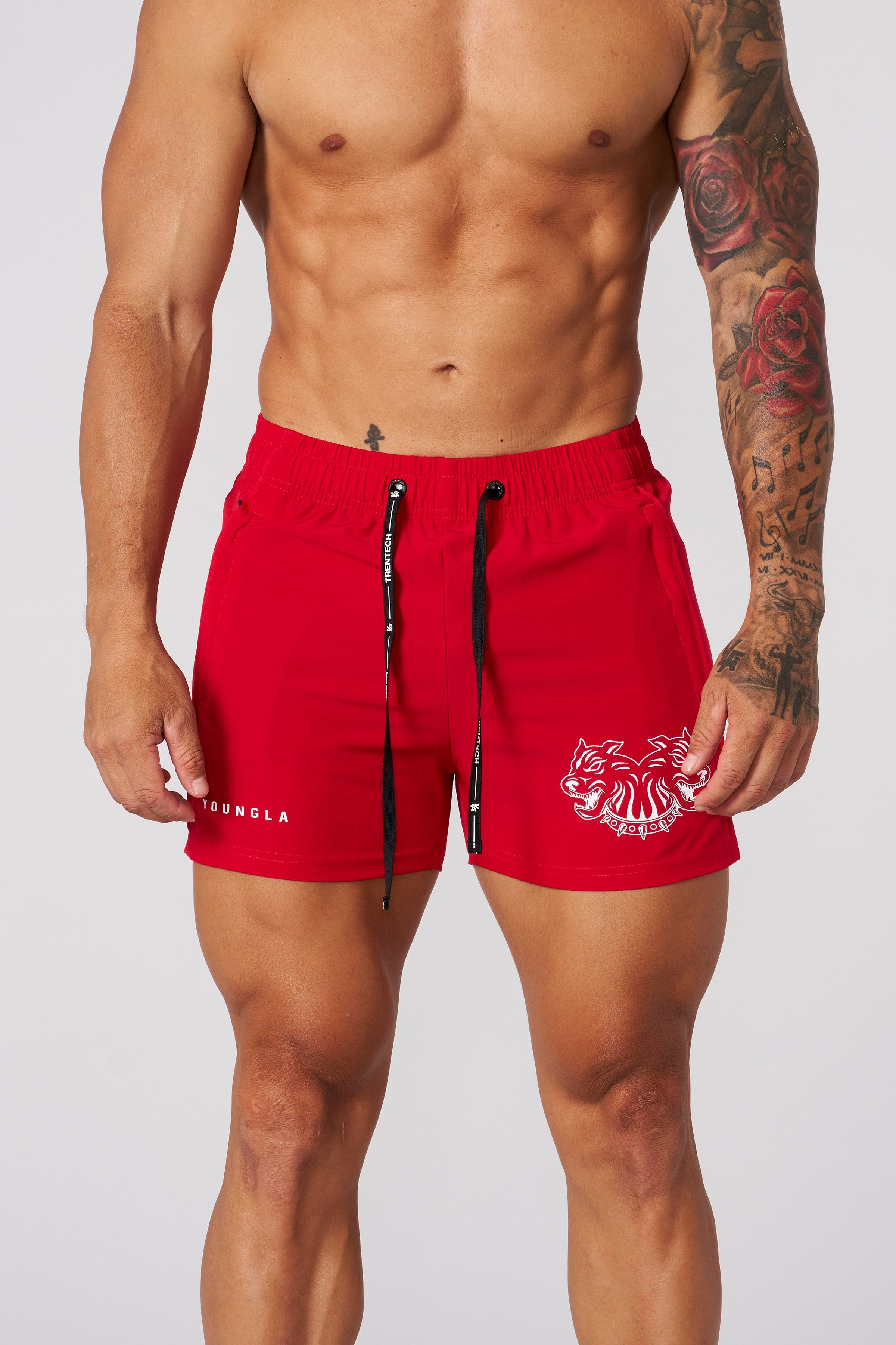 Front view of quad reveal shorts highlighting the fitted design and mesh panel