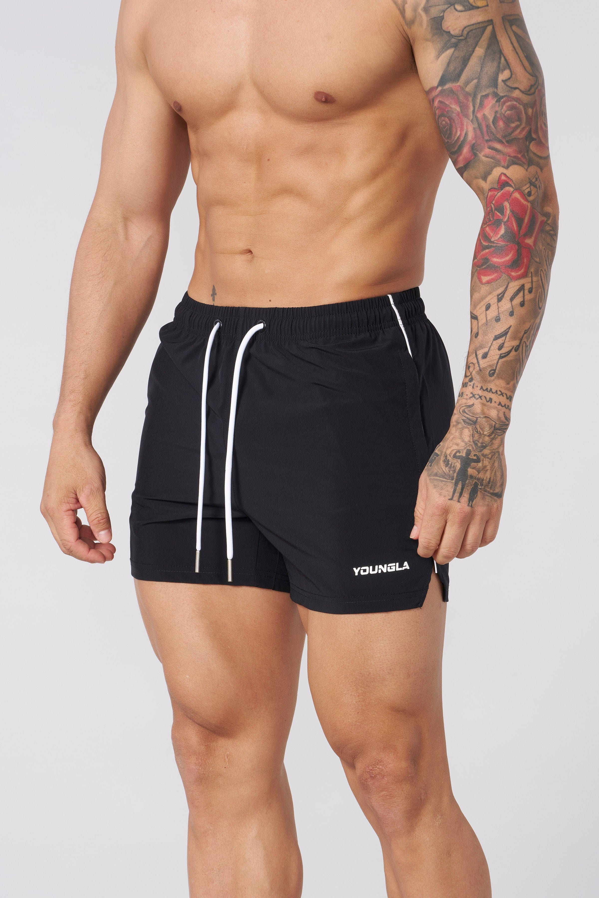 Front view of men's athletic shorts worn during squats