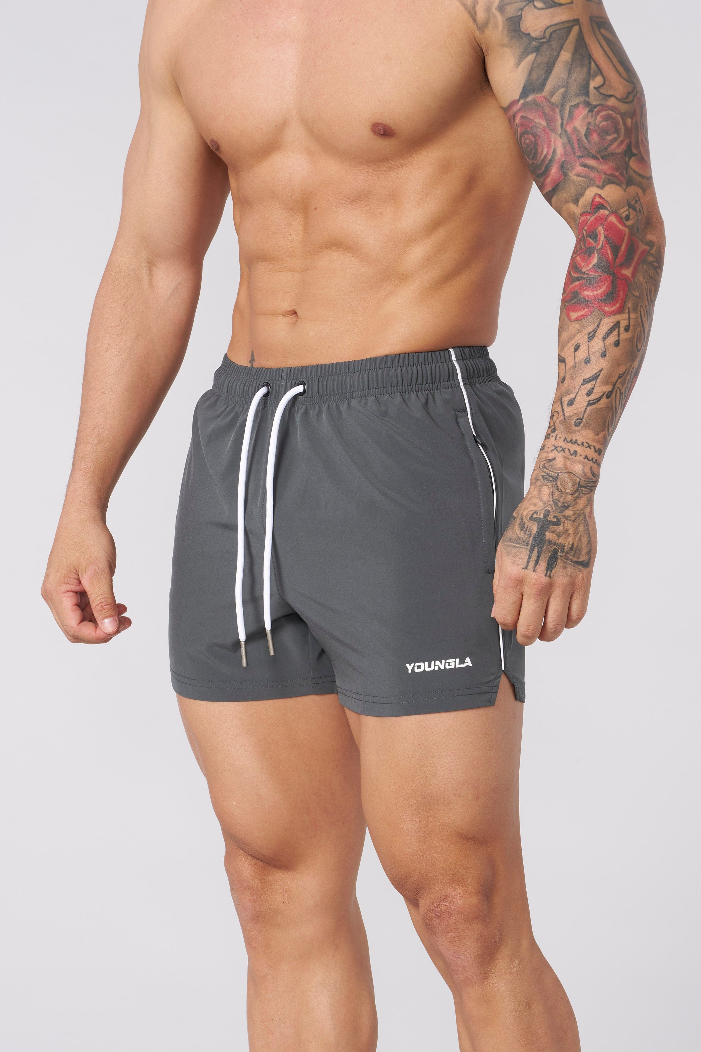 Front view of mens athletic shorts worn during squats