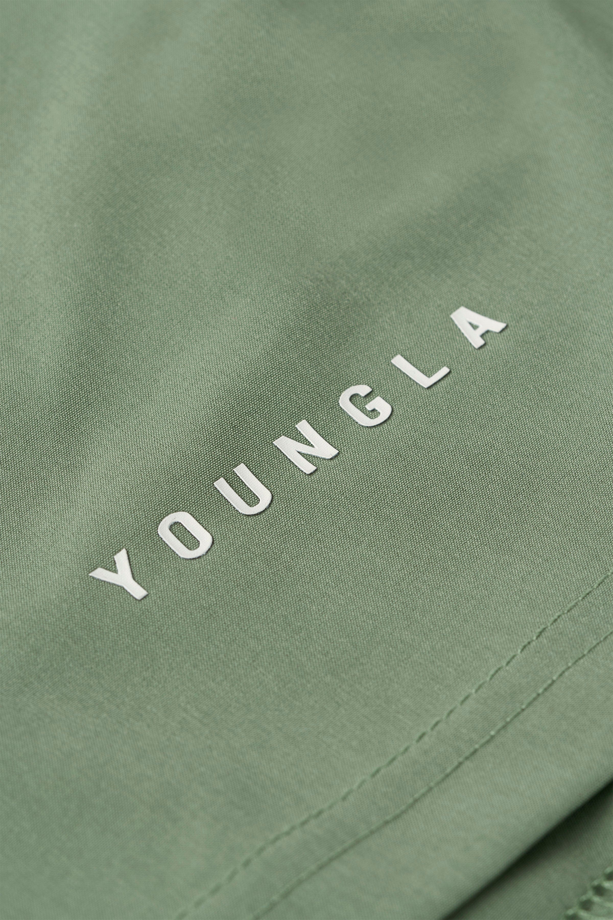 Top-down view showing elastic waistband and logo detail on gym shorts men