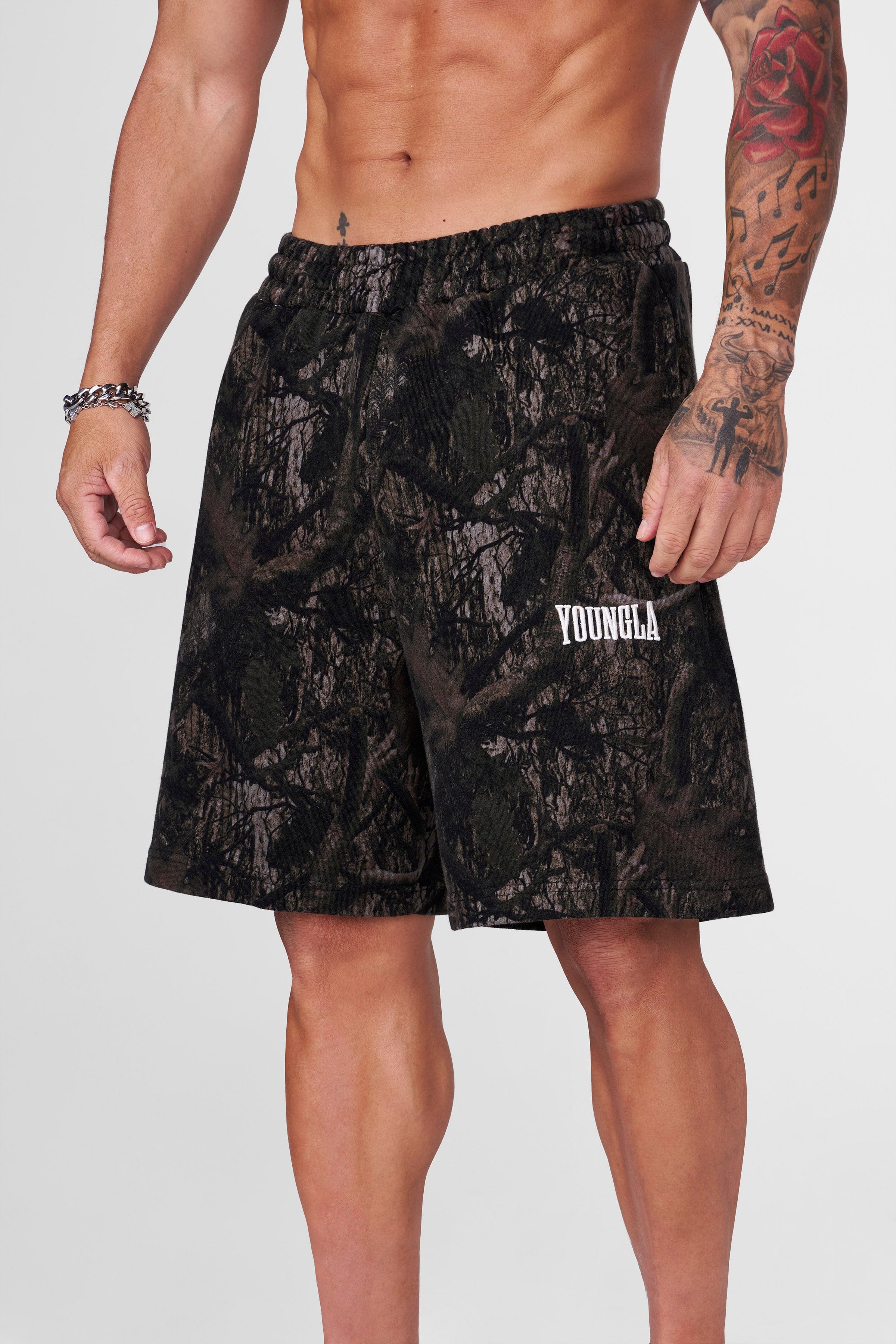 Heritage baggy shorts laid out on a casual outdoor setting, showing the oversized relaxed fit