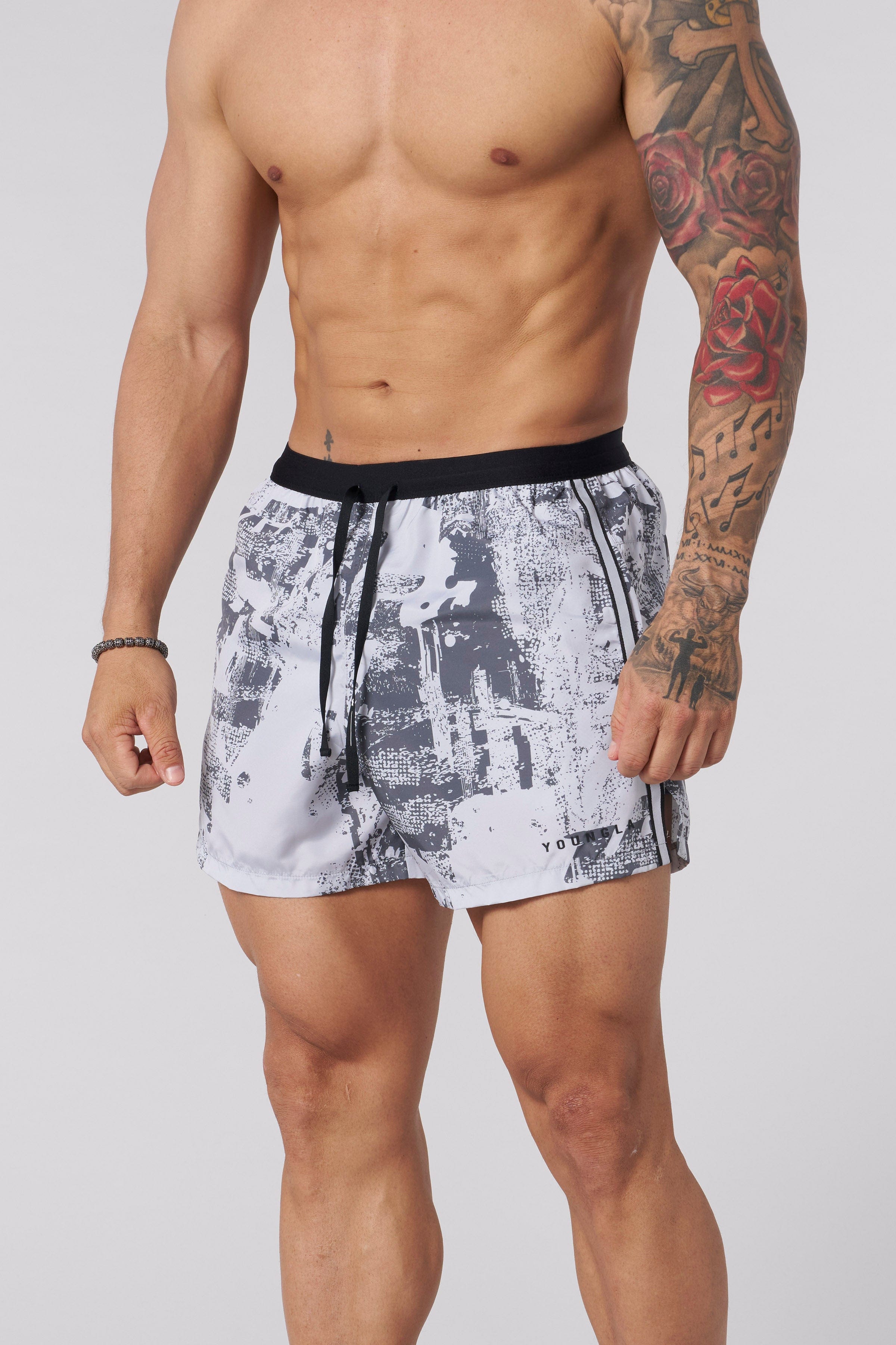 Model wearing ultra running shorts during a morning jog