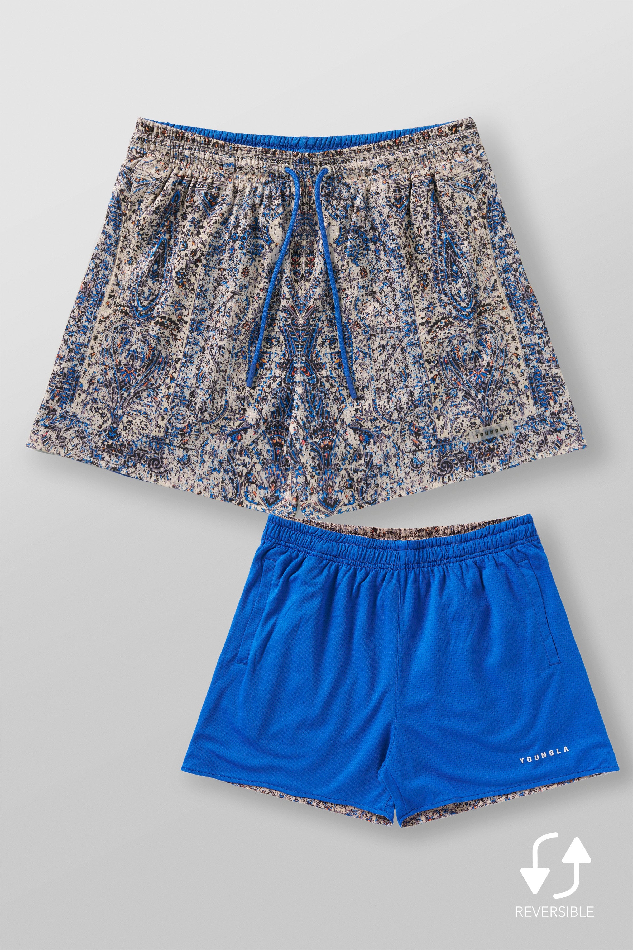 Side view of reversible shorts showcasing elegant design.
