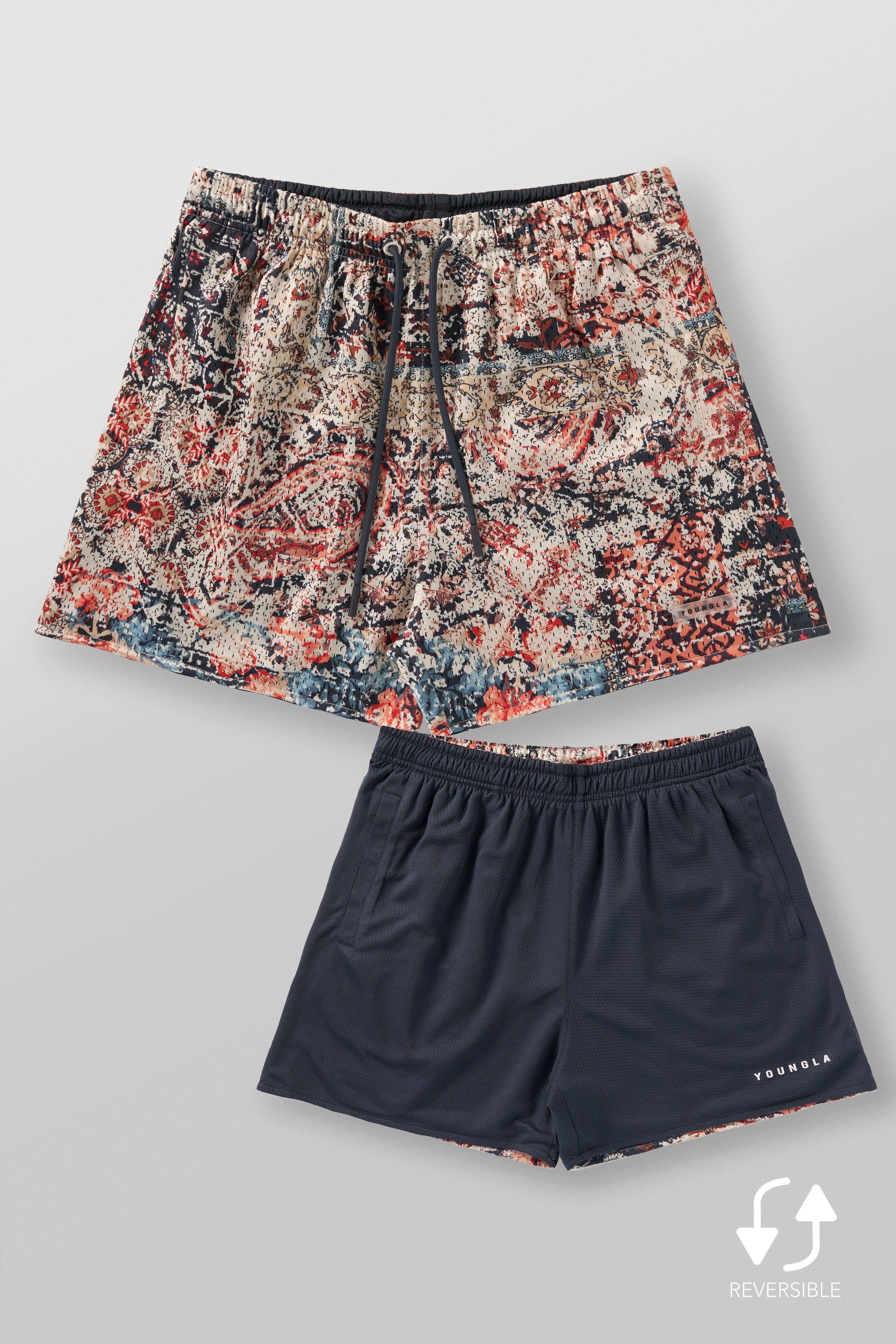 Side view of reversible shorts showcasing elegant design.